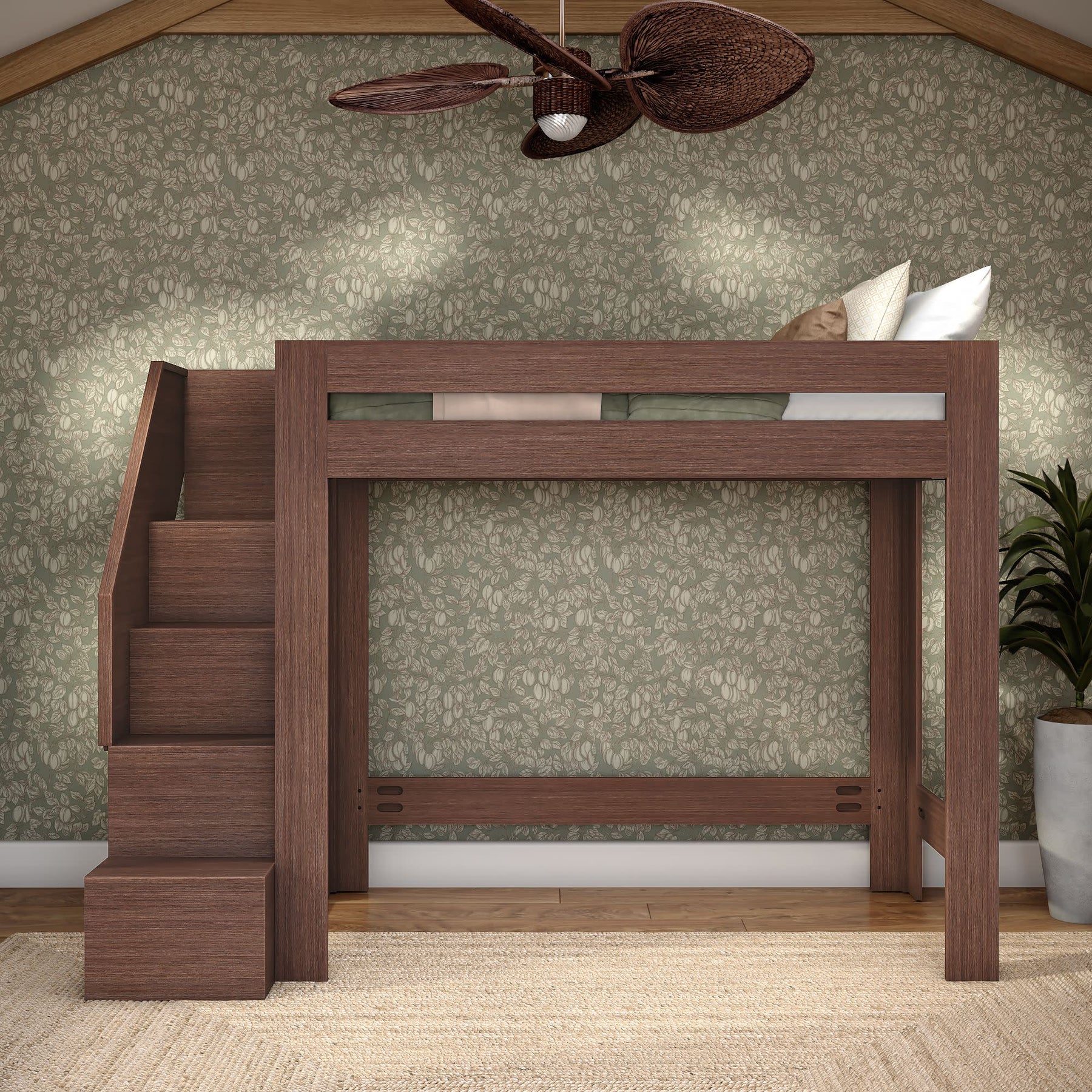 Olympic Twin XL Loft Bed with Stairs in Embossed Brown