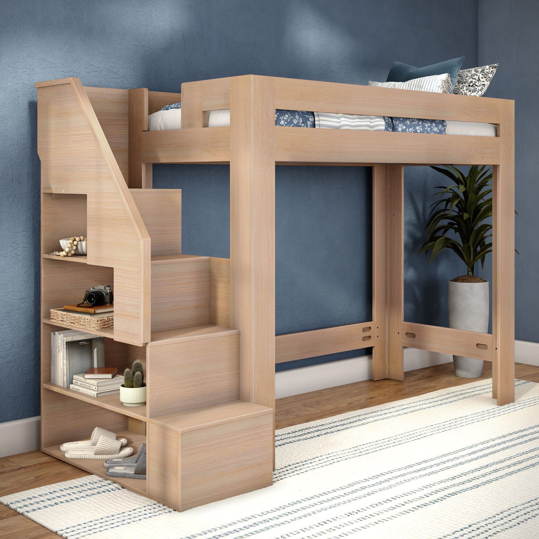 Olympic Twin XL Loft Bed with Stairs in Embossed Natural
