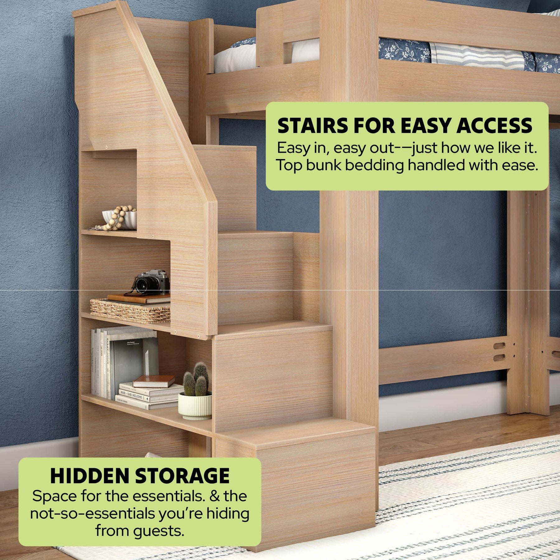 Olympic Twin XL Loft Bed with Stairs in Embossed Natural