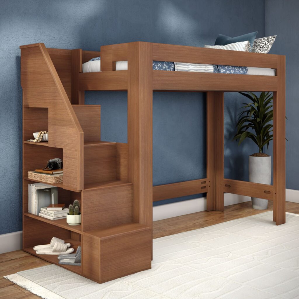 Olympic Twin XL Loft Bed with Stairs in Embossed Pecan