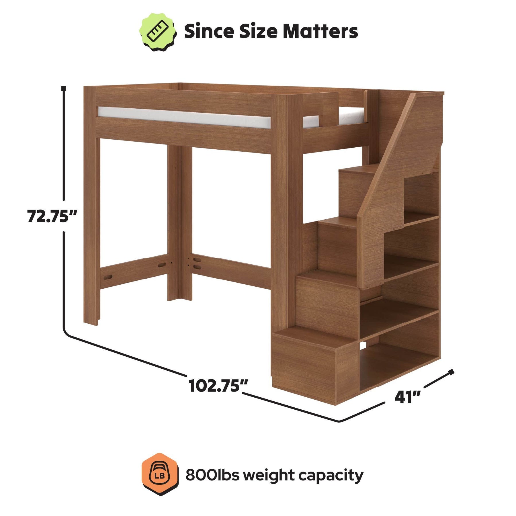Olympic Twin XL Loft Bed with Stairs in Embossed Pecan