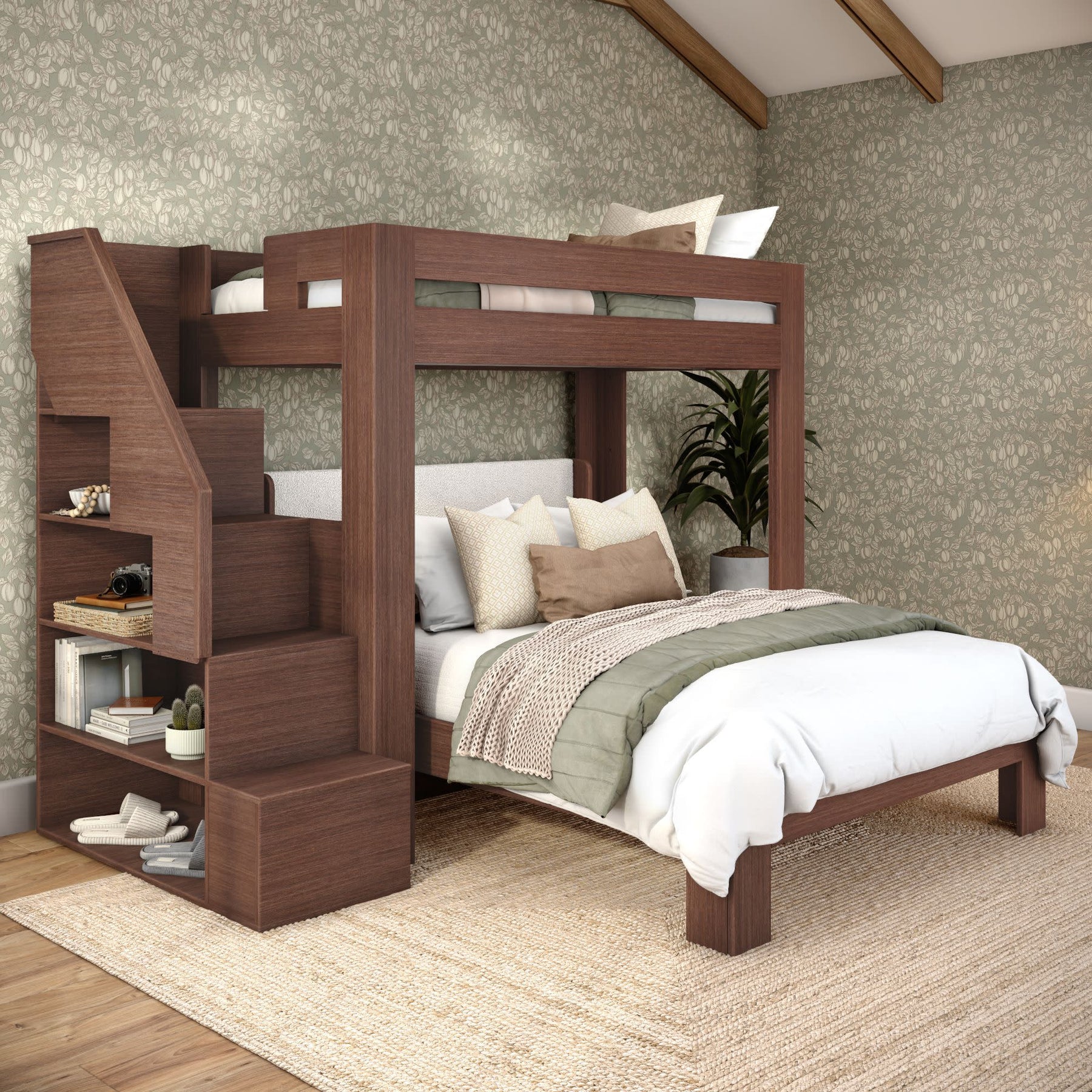 Olympic Twin XL Over Queen L-Shaped Bunk Bed with Stairs in Embossed Brown