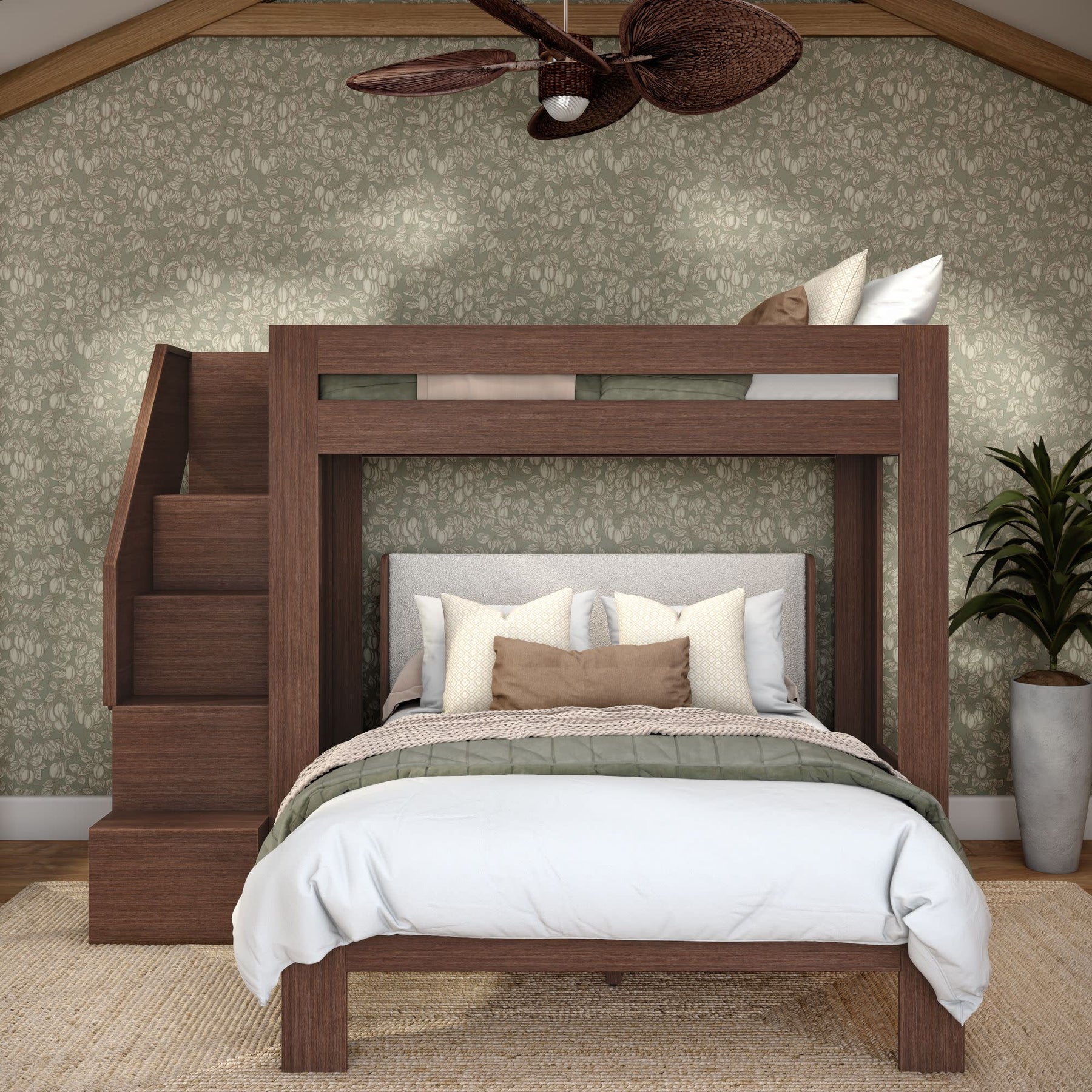Olympic Twin XL Over Queen L-Shaped Bunk Bed with Stairs in Embossed Brown
