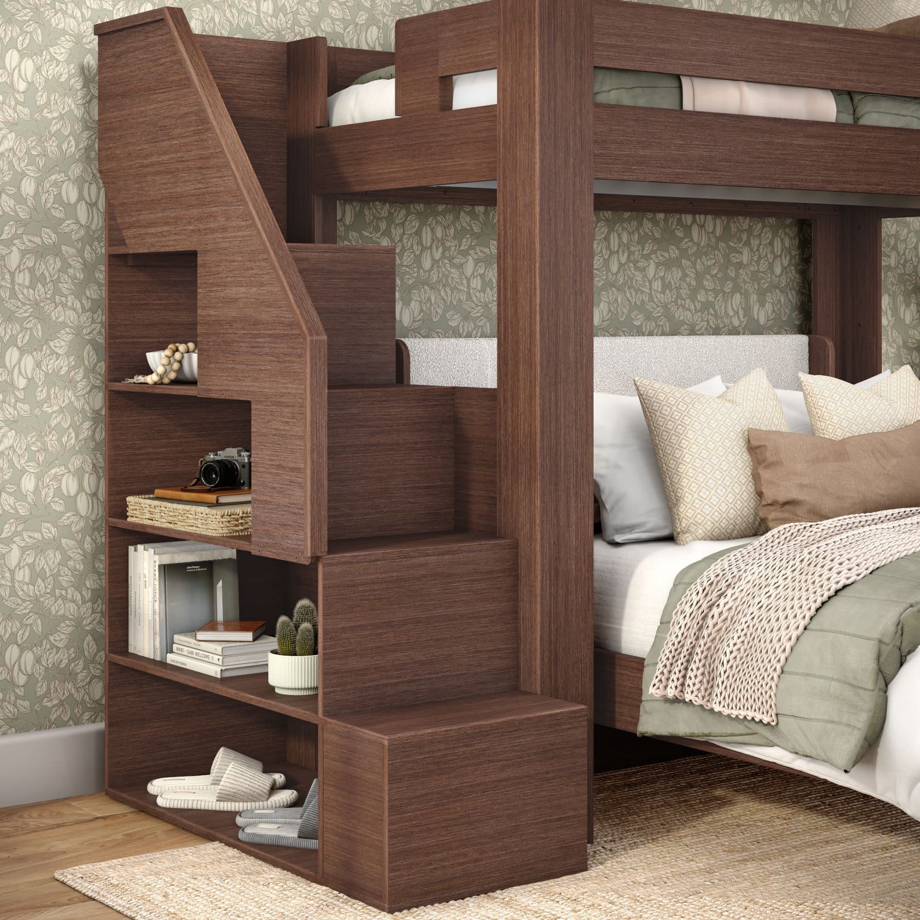 Olympic Twin XL Over Queen L-Shaped Bunk Bed with Stairs in Embossed Brown