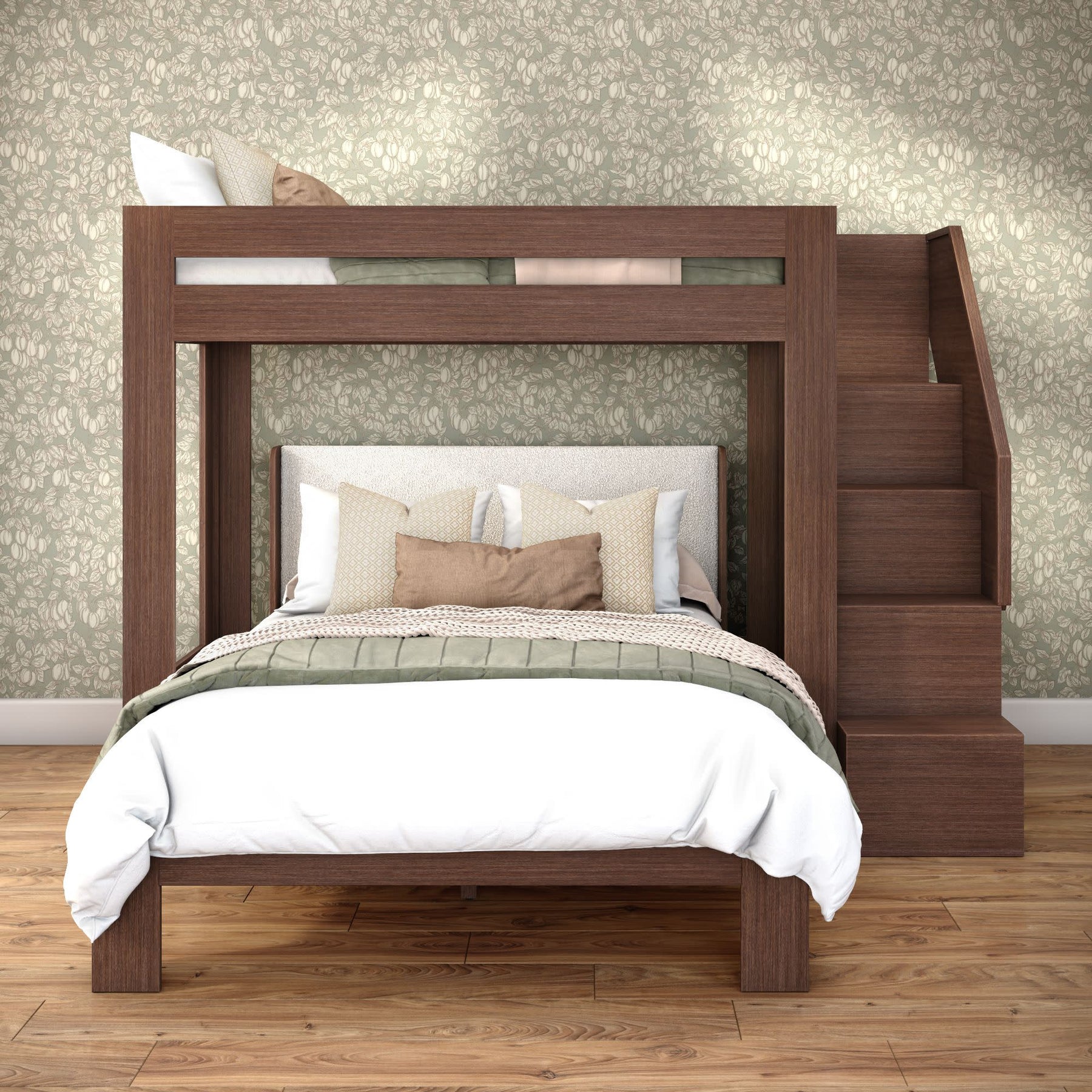 Olympic Twin XL Over Queen L-Shaped Bunk Bed with Stairs in Embossed Brown
