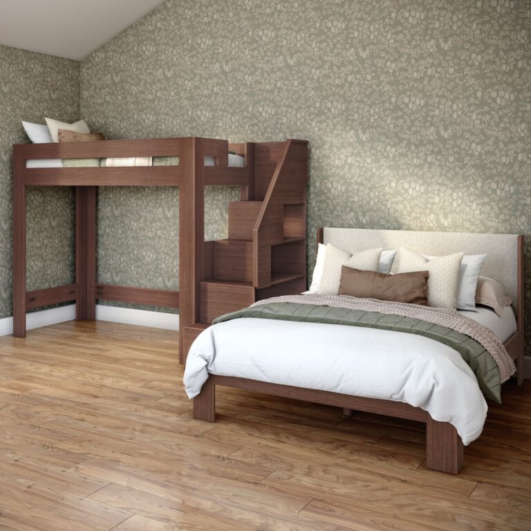 Olympic Twin XL Over Queen L-Shaped Bunk Bed with Stairs – Embossed Brown 17 Olympic Twin XL Over Queen L-Shaped Bunk Bed with Stairs in Embossed Brown