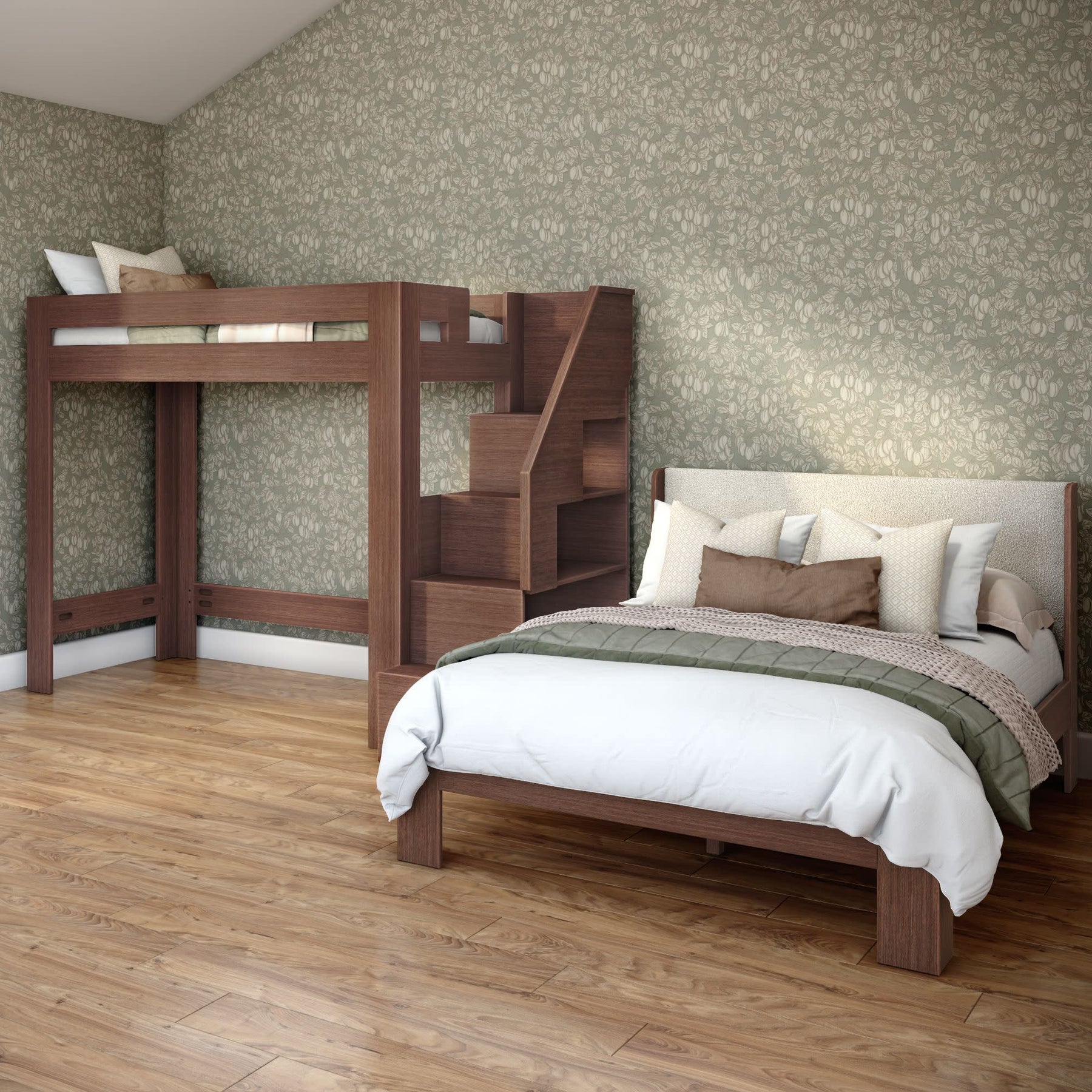 Olympic Twin XL Over Queen L-Shaped Bunk Bed with Stairs in Embossed Brown