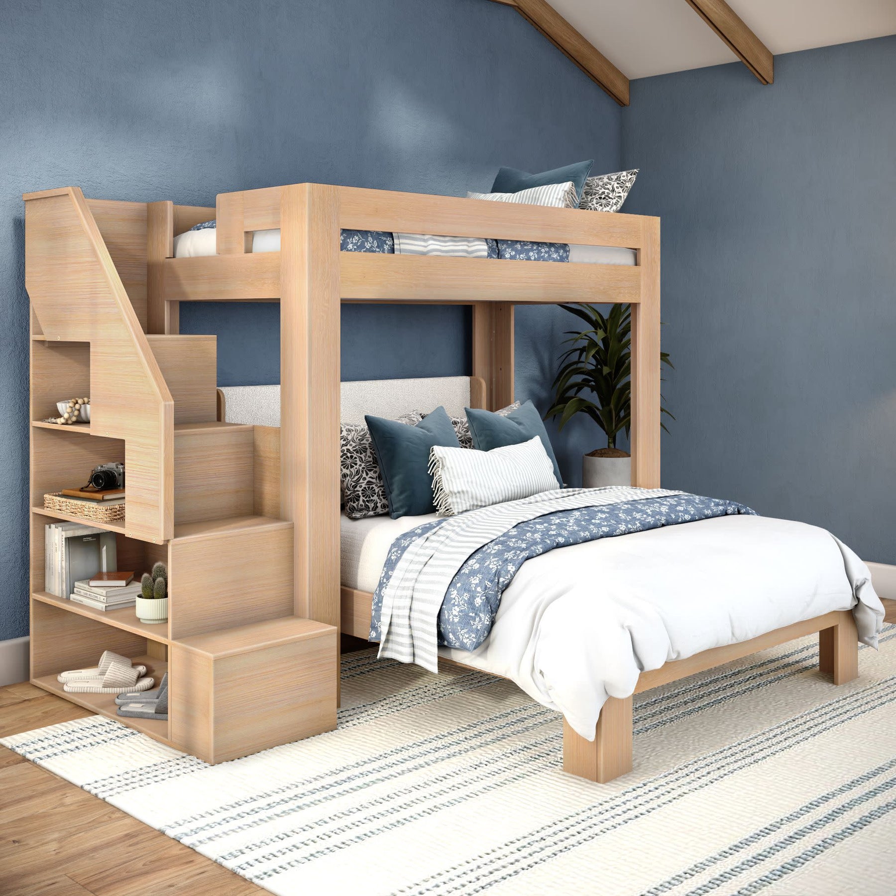 Olympic Twin XL Over Queen L-Shaped Bunk Bed with Stairs in Embossed Natural