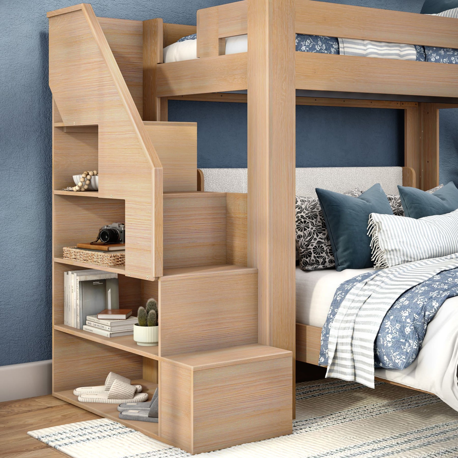 Olympic Twin XL Over Queen L-Shaped Bunk Bed with Stairs in Embossed Natural