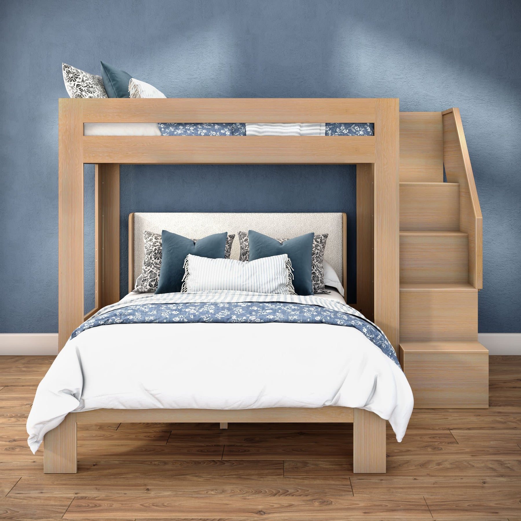 Olympic Twin XL Over Queen L-Shaped Bunk Bed with Stairs in Embossed Natural