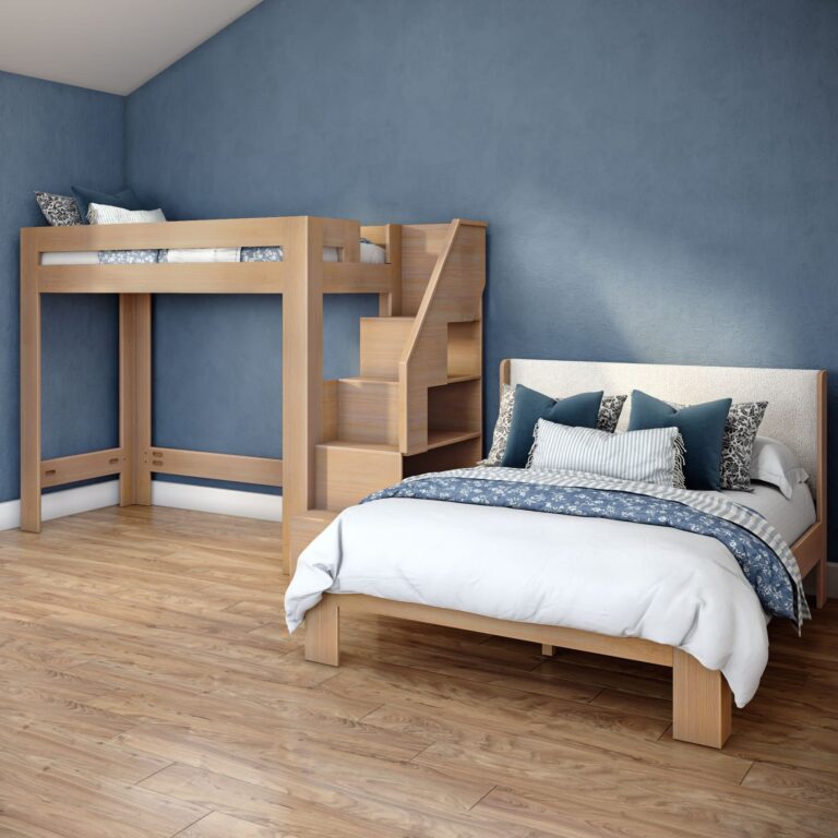 Olympic Twin XL Over Queen L-Shaped Bunk Bed with Stairs – Embossed Natural 26 Olympic Twin XL Over Queen L-Shaped Bunk Bed with Stairs in Embossed Natural