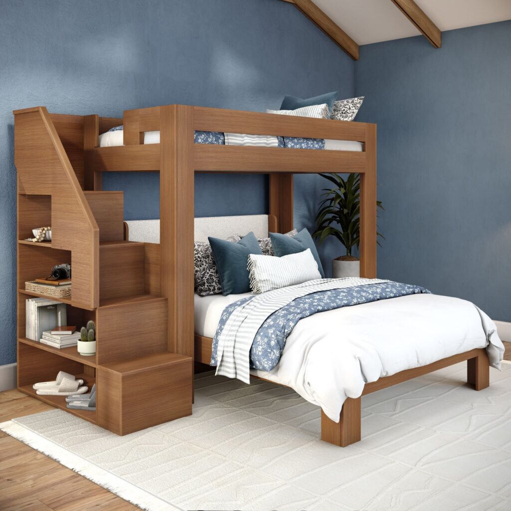 Olympic Twin XL Over Queen L-Shaped Bunk Bed with Stairs in Embossed Pecan