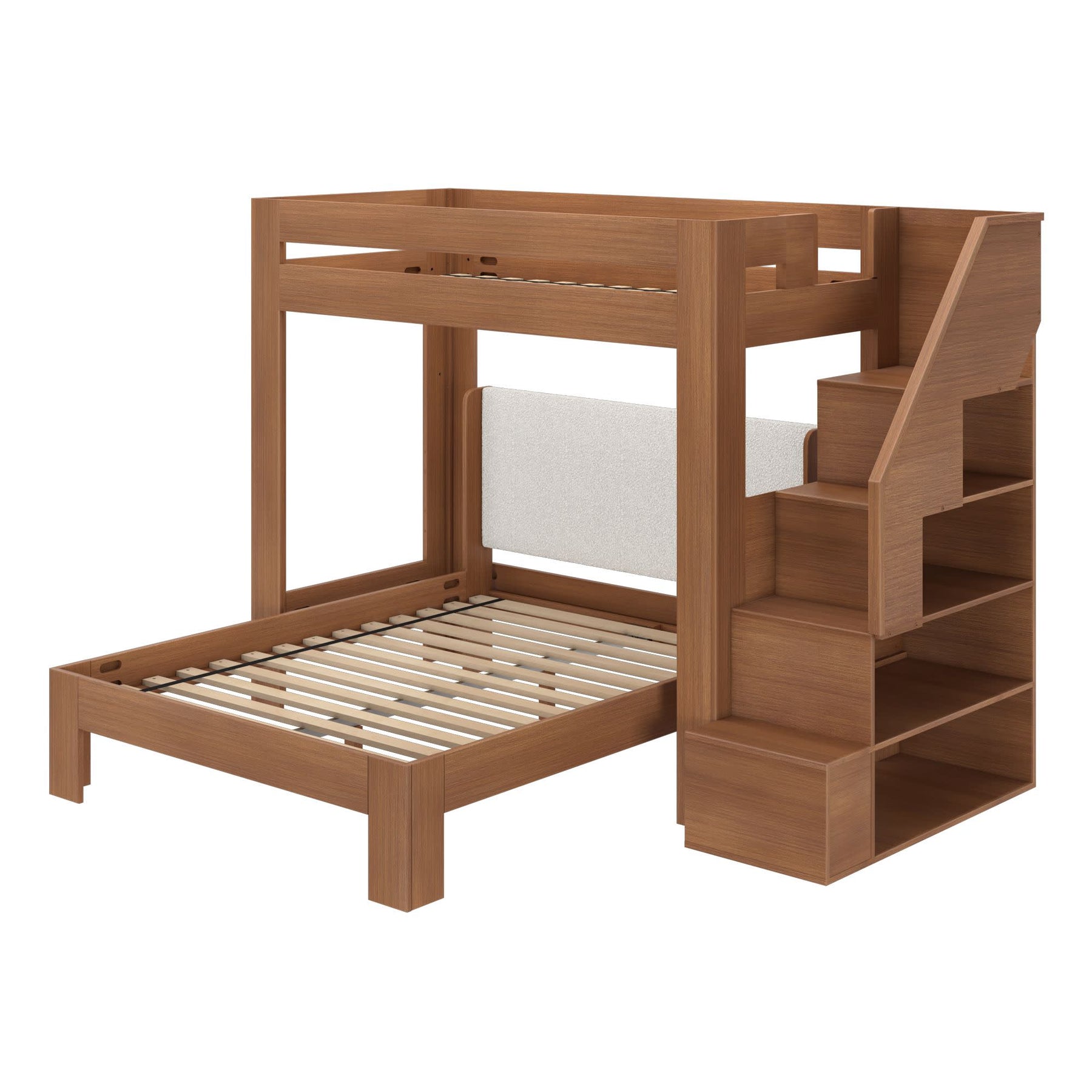 Olympic Twin XL Over Queen L-Shaped Bunk Bed with Stairs in Embossed Pecan