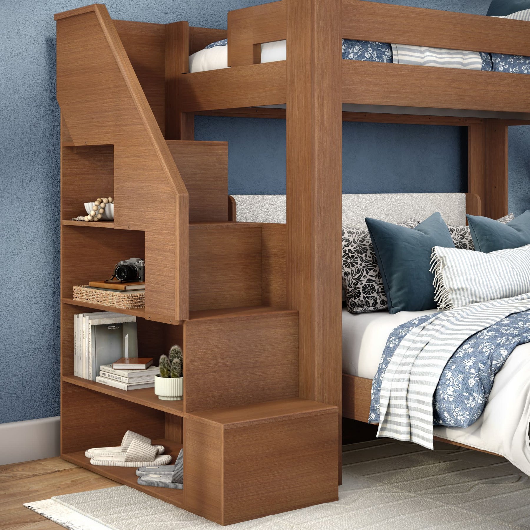 Olympic Twin XL Over Queen L-Shaped Bunk Bed with Stairs in Embossed Pecan