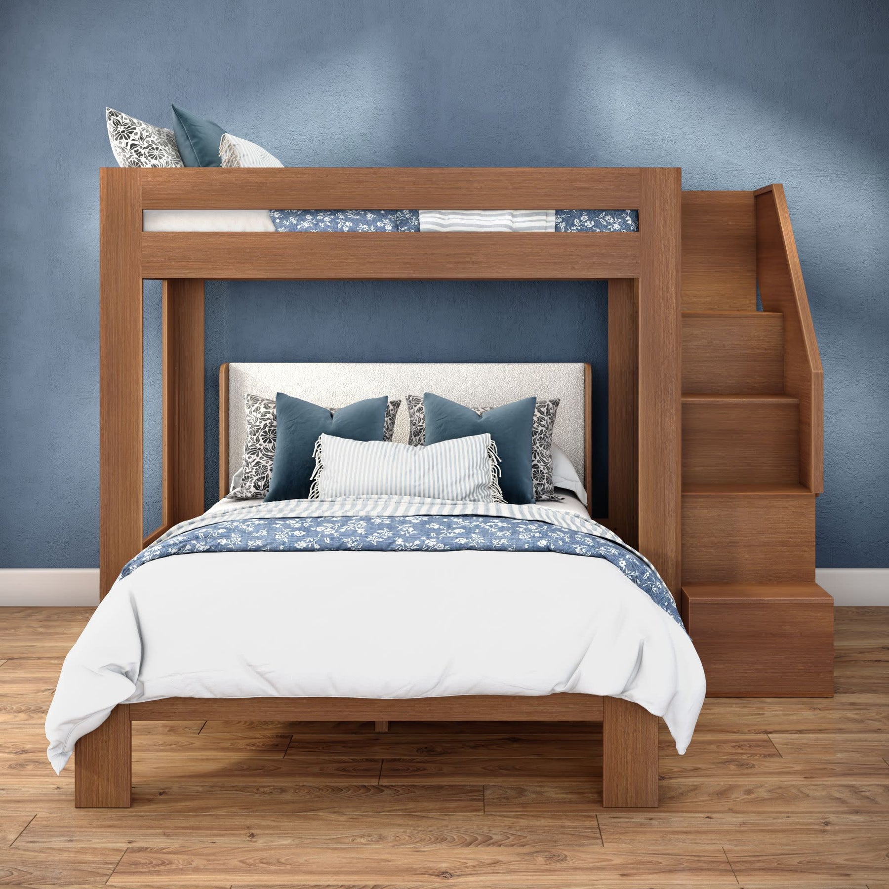 Olympic Twin XL Over Queen L-Shaped Bunk Bed with Stairs in Embossed Pecan