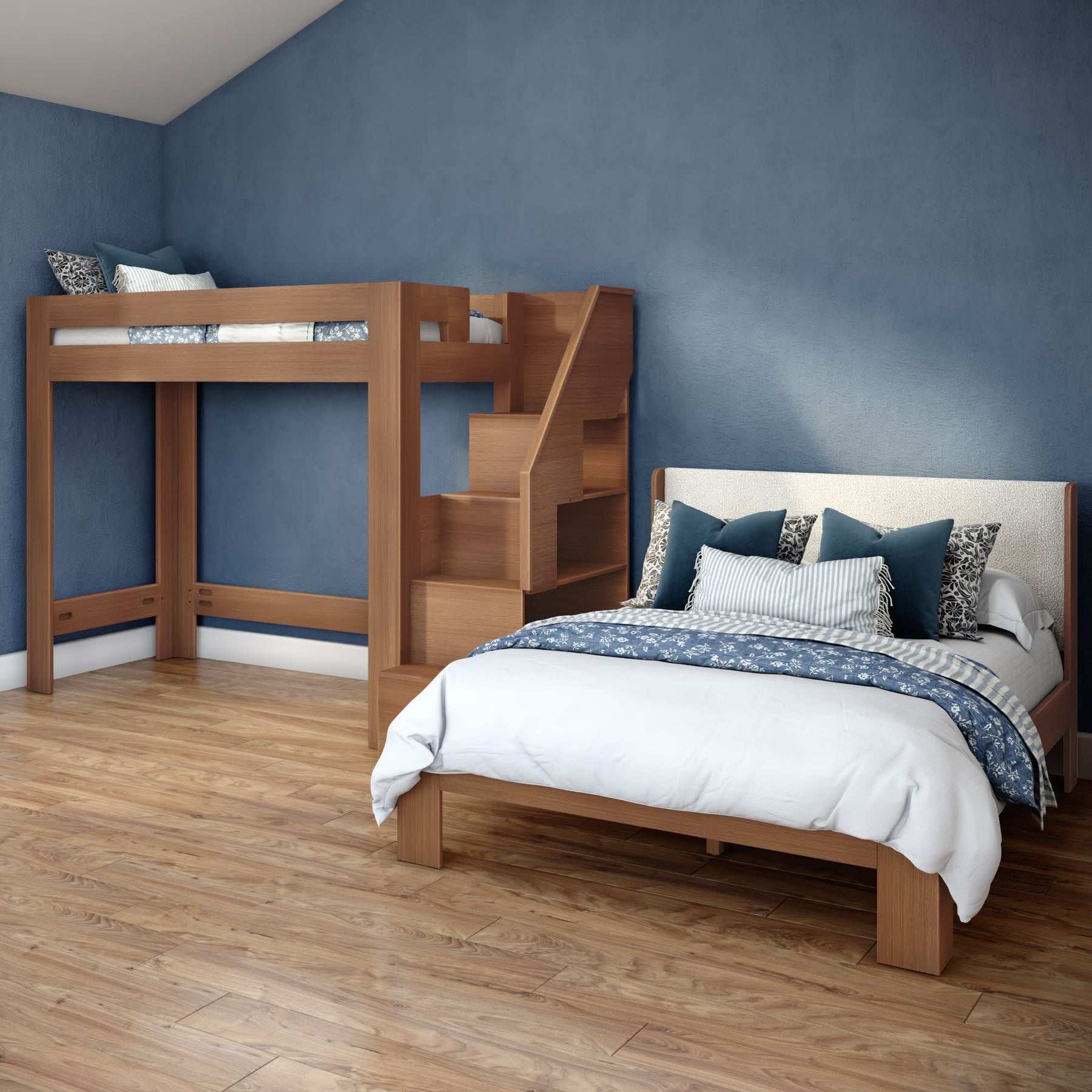 Olympic Twin XL Over Queen L-Shaped Bunk Bed with Stairs in Embossed Pecan