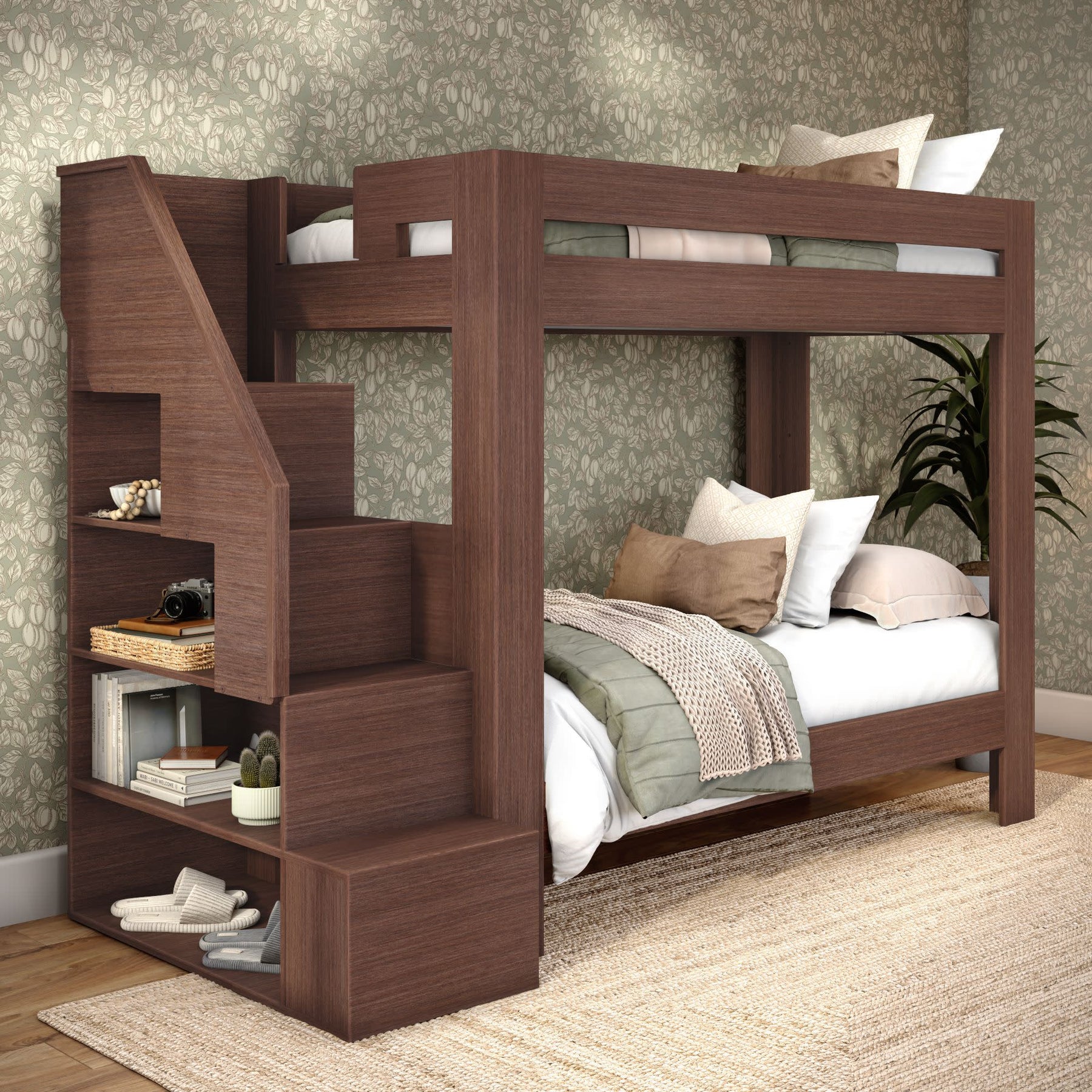 Olympic Twin XL Over Twin XL Bunk Bed with Stairs in Embossed Brown