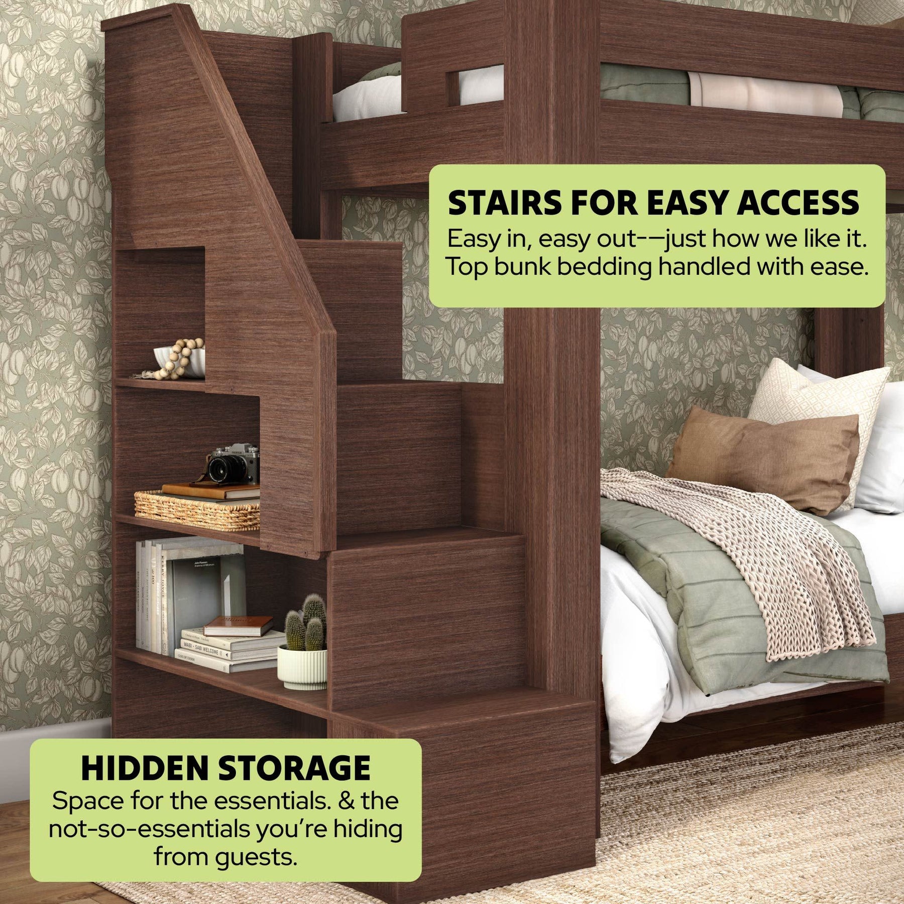 Olympic Twin XL Over Twin XL Bunk Bed with Stairs in Embossed Brown