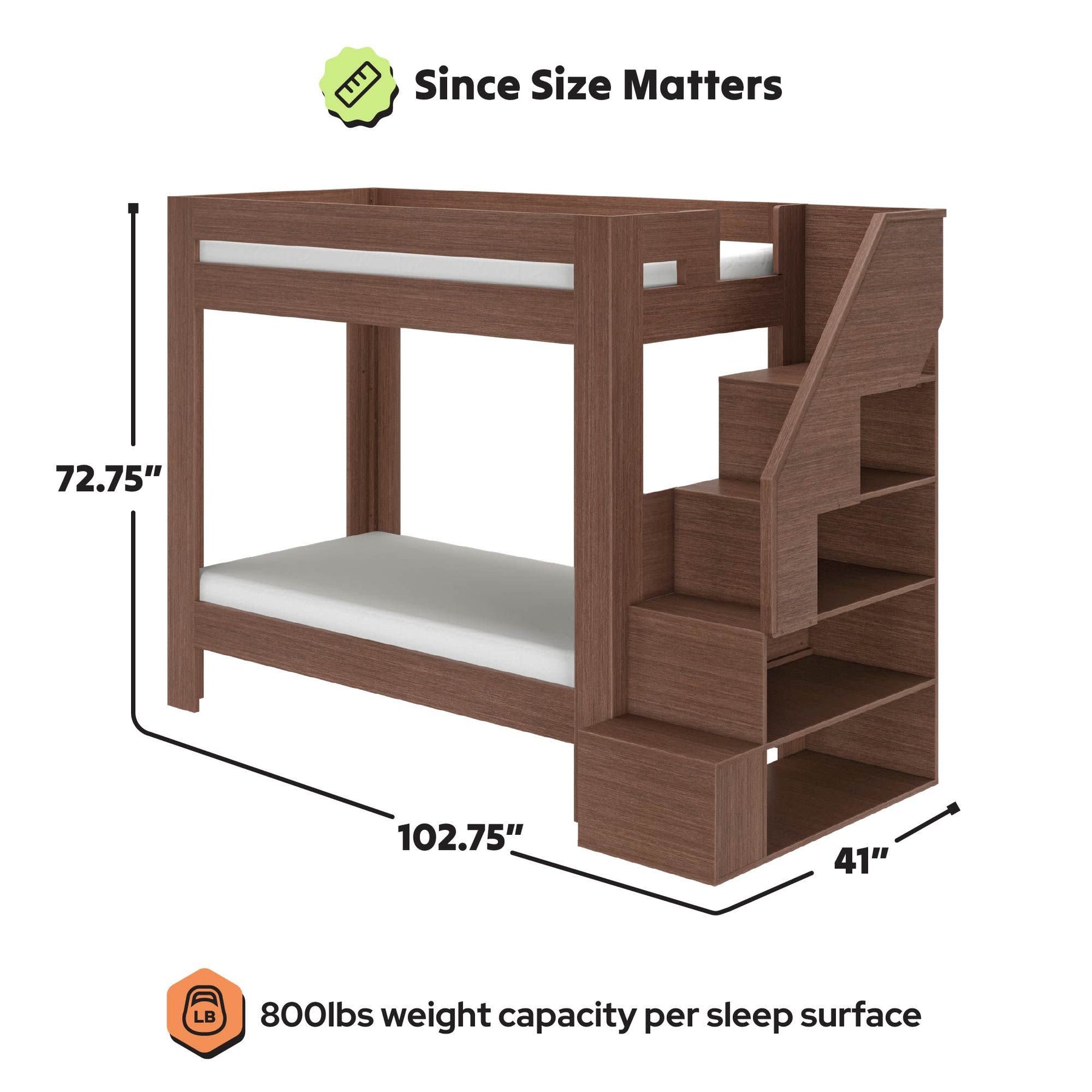 Olympic Twin XL Over Twin XL Bunk Bed with Stairs in Embossed Brown