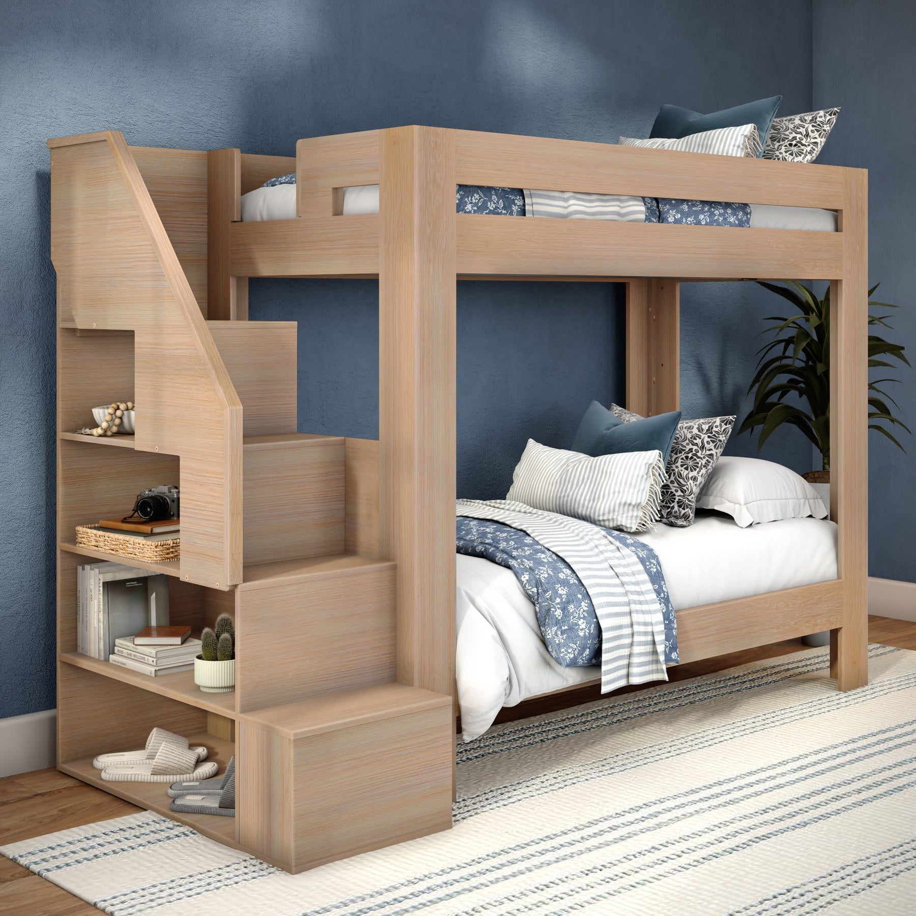 Olympic Twin XL Over Twin XL Bunk Bed with Stairs in Embossed Natural