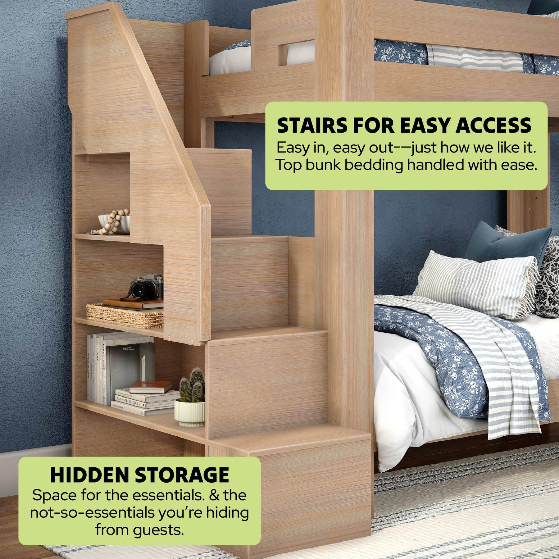 Olympic Twin XL Over Twin XL Bunk Bed with Stairs in Embossed Natural