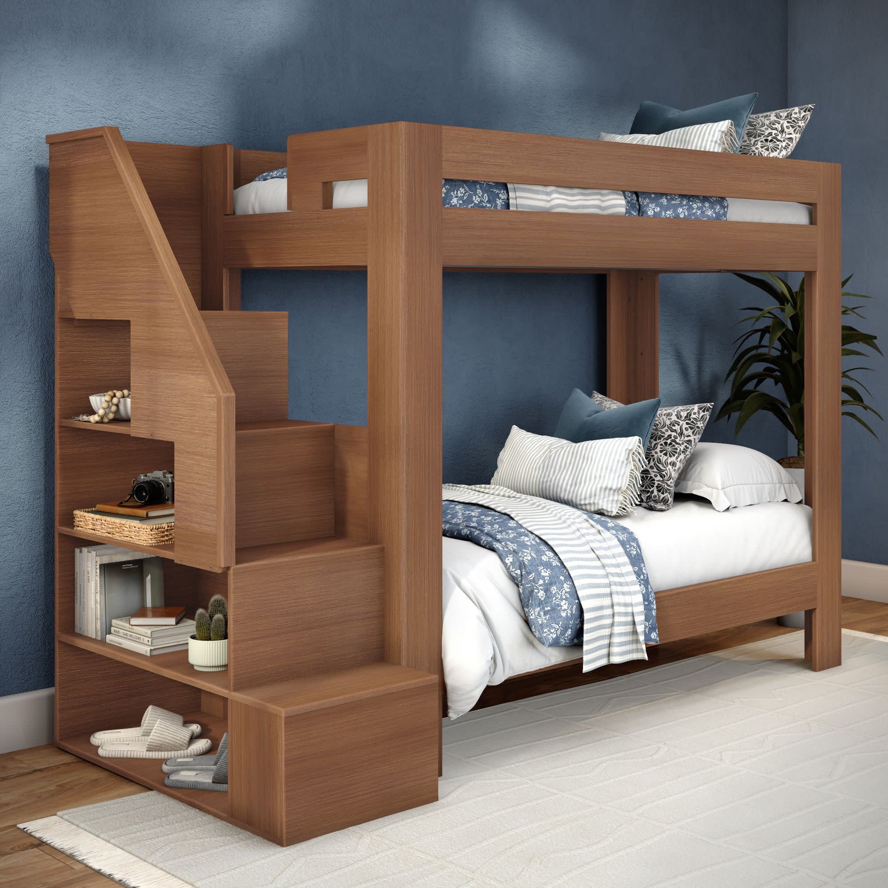 Olympic Twin XL Over Twin XL Bunk Bed with Stairs in Embossed Pecan