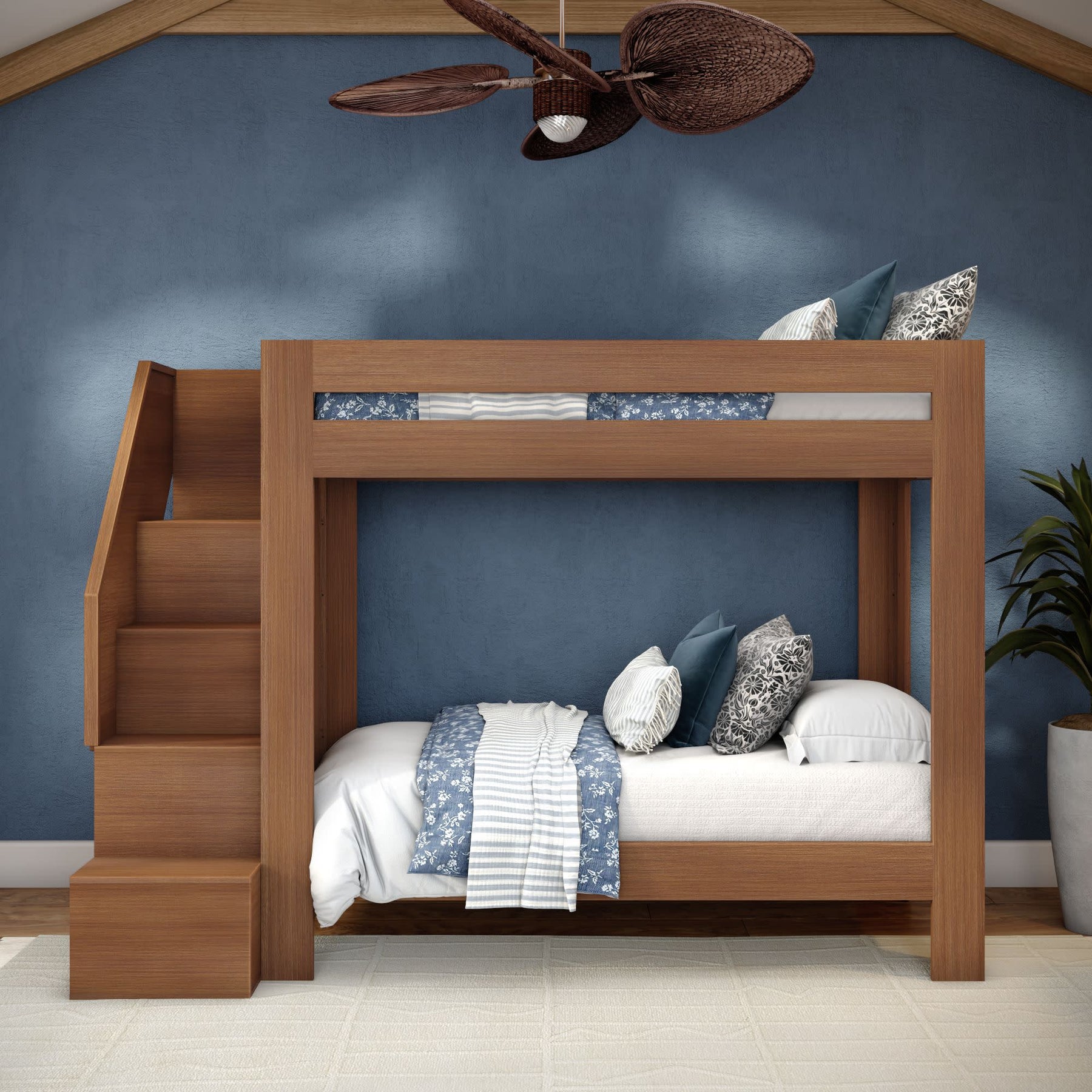Olympic Twin XL Over Twin XL Bunk Bed with Stairs in Embossed Pecan