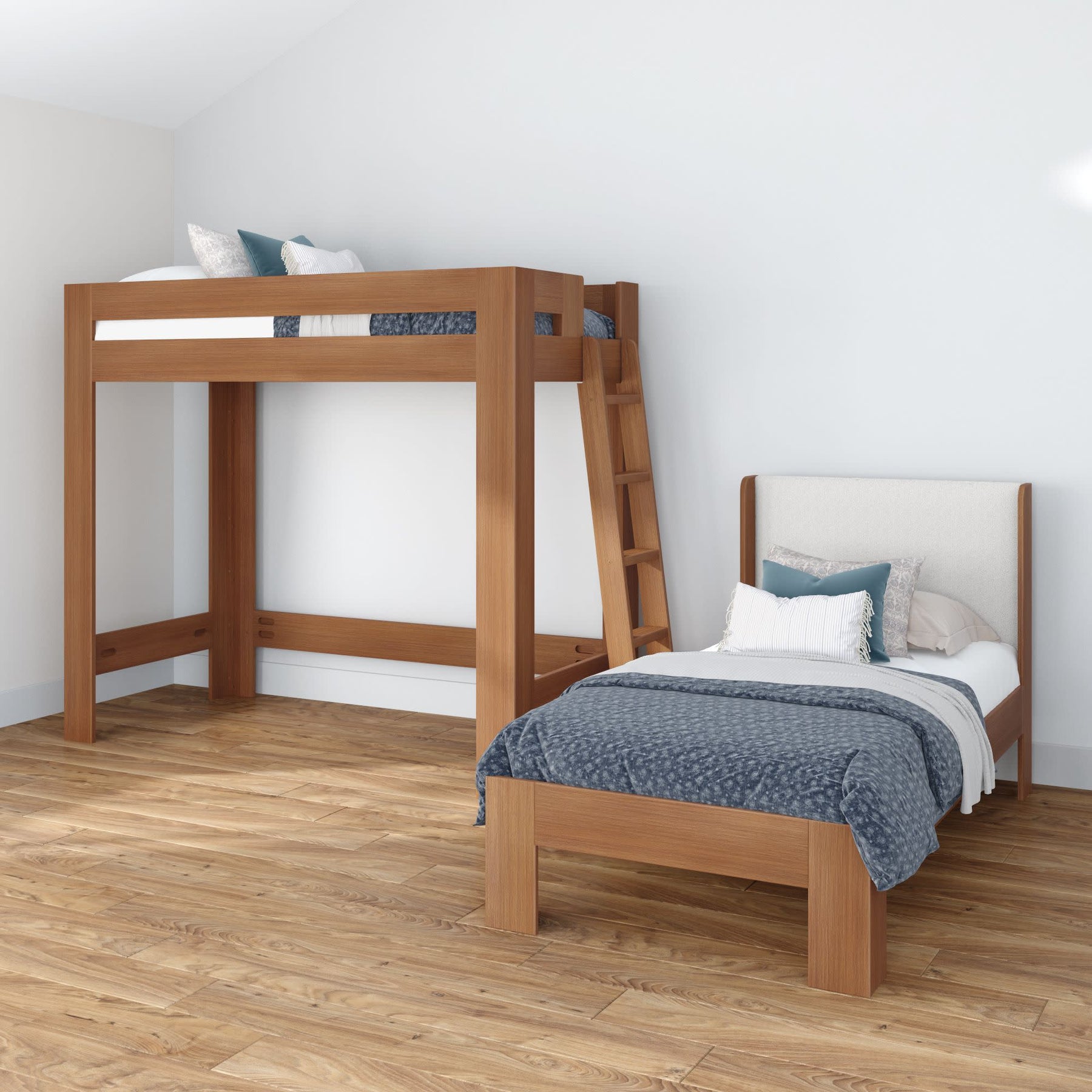Olympic Twin XL Over Twin XL L-Shaped Bunk Bed in Embossed Pecan