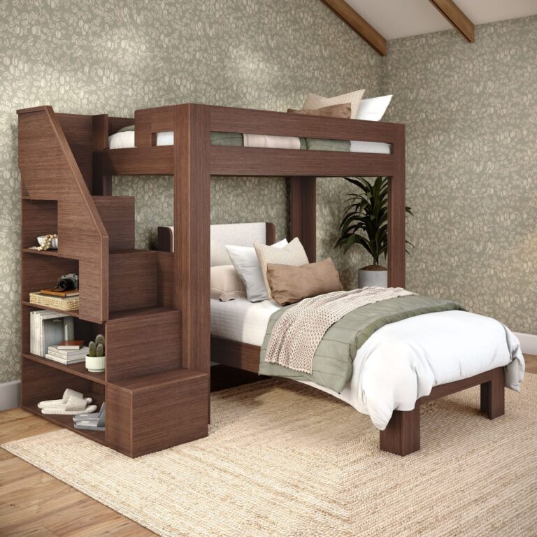 Olympic Twin XL Over Twin XL L-Shaped Bunk Bed with Stairs – Embossed Brown 10 Olympic Twin XL Over Twin XL L-Shaped Bunk Bed with Stairs in Embossed Brown