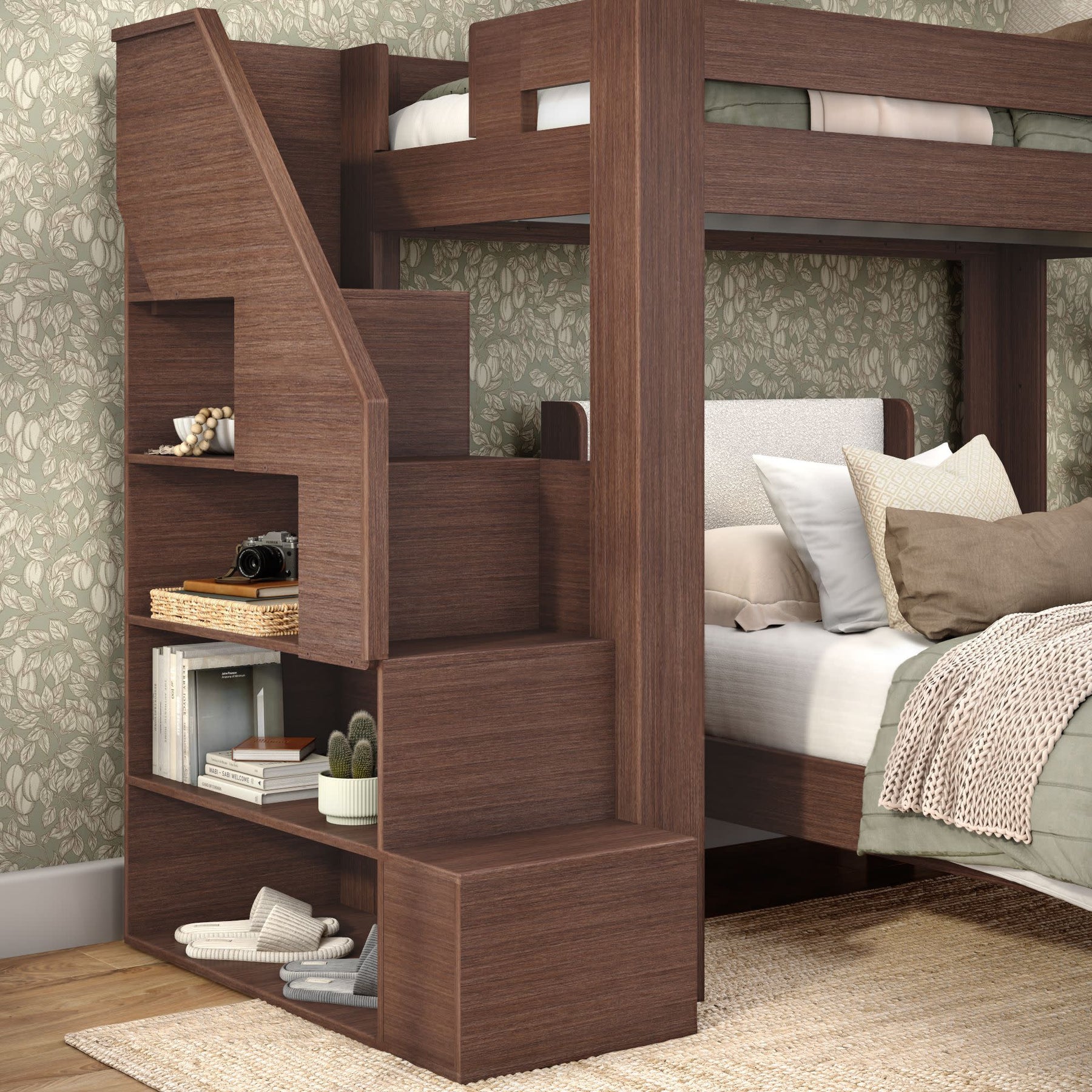 Olympic Twin XL Over Twin XL L-Shaped Bunk Bed with Stairs – Embossed Brown 14 Olympic Twin XL Over Twin XL L-Shaped Bunk Bed with Stairs in Embossed Brown
