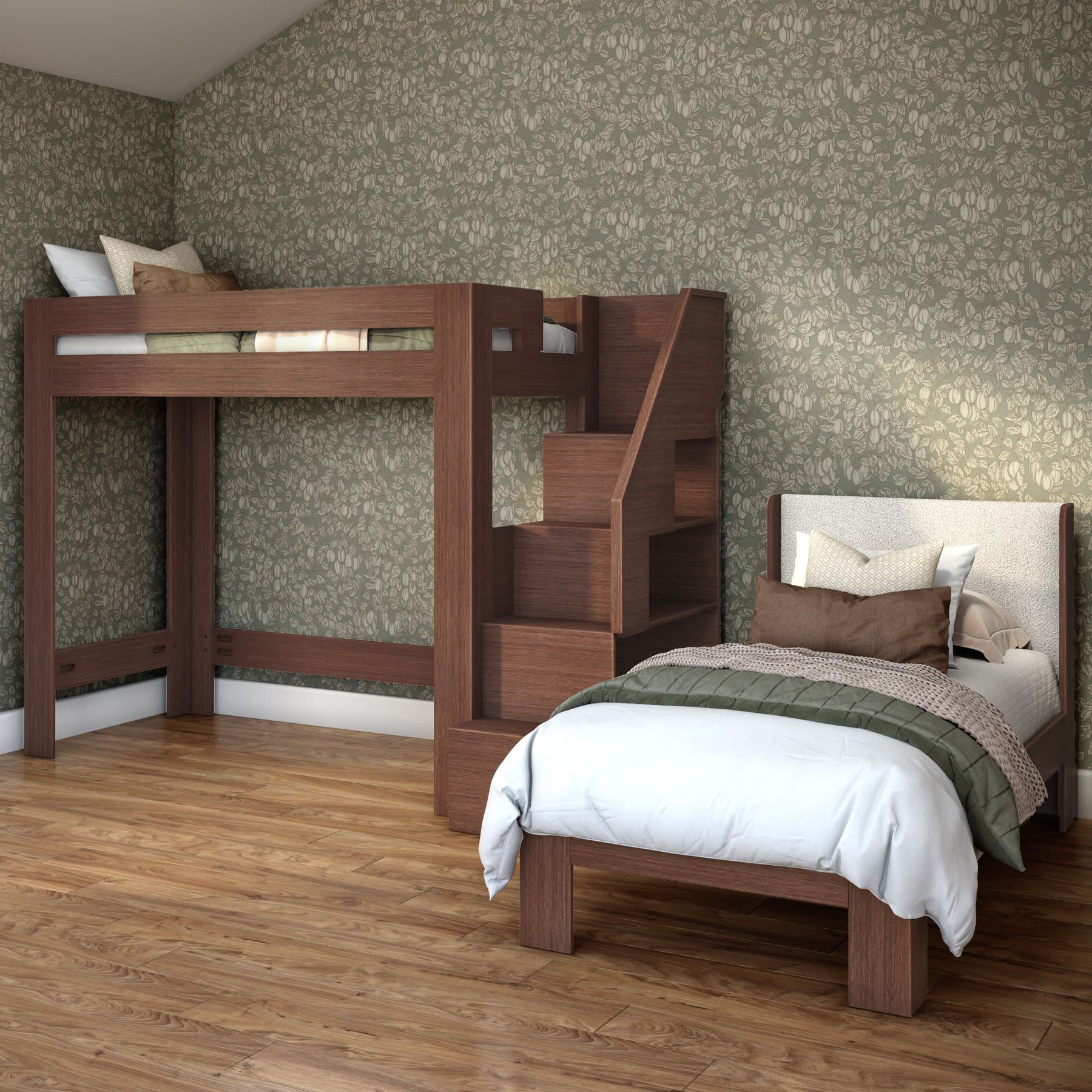 Olympic Twin XL Over Twin XL L-Shaped Bunk Bed with Stairs – Embossed Brown 17 Olympic Twin XL Over Twin XL L-Shaped Bunk Bed with Stairs in Embossed Brown
