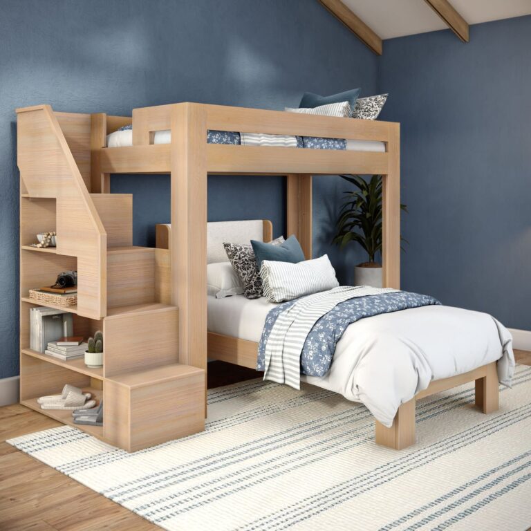 Olympic Twin XL Over Twin XL L-Shaped Bunk Bed with Stairs – Embossed Natural 19 Olympic Twin XL Over Twin XL L-Shaped Bunk Bed with Stairs in Embossed Natural