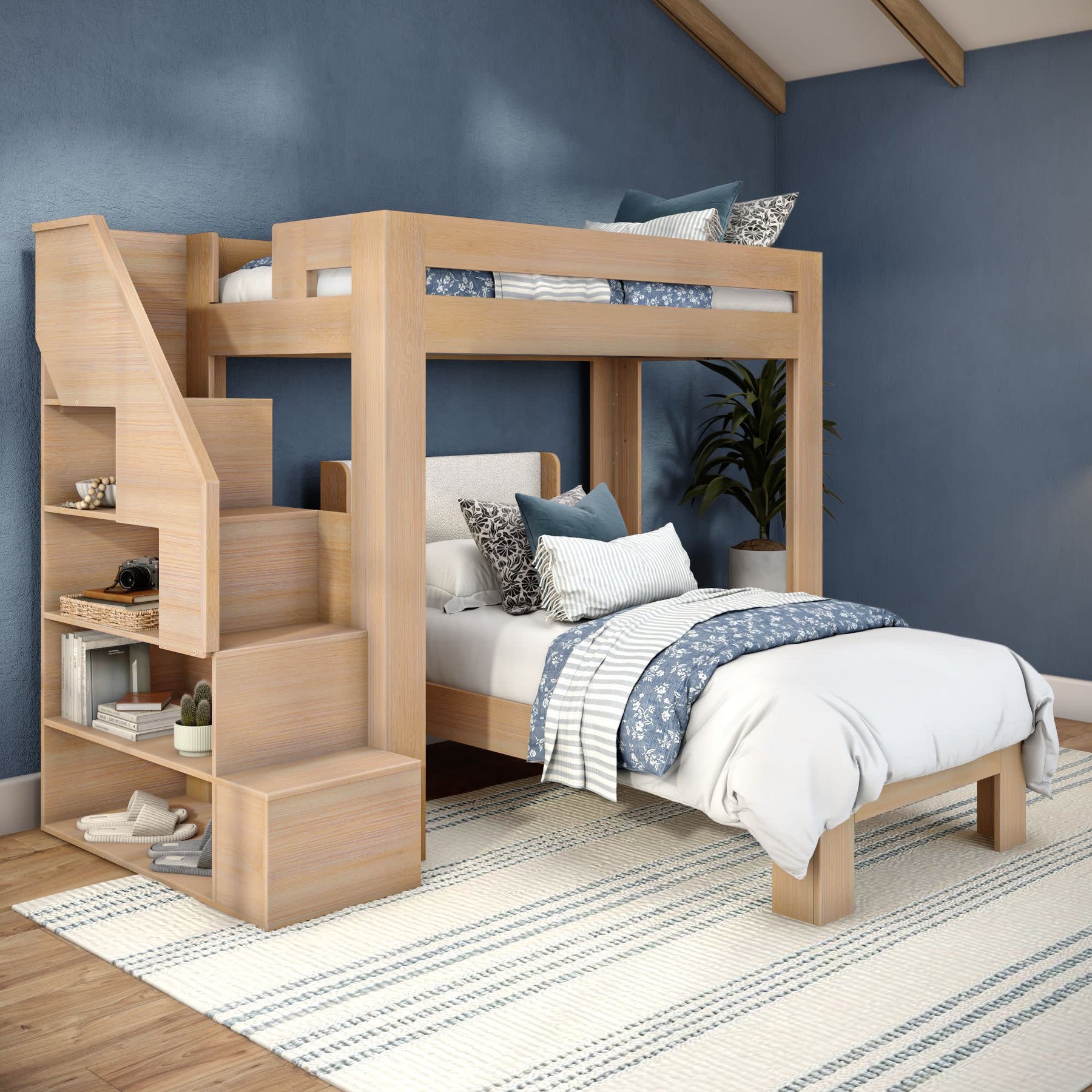 Olympic Twin XL Over Twin XL L-Shaped Bunk Bed with Stairs – Embossed Natural 19 Olympic Twin XL Over Twin XL L-Shaped Bunk Bed with Stairs in Embossed Natural