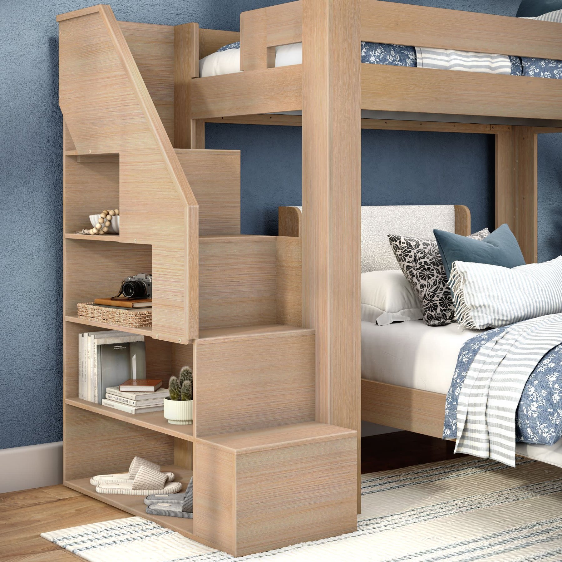 Olympic Twin XL Over Twin XL L-Shaped Bunk Bed with Stairs – Embossed Natural 23 Olympic Twin XL Over Twin XL L-Shaped Bunk Bed with Stairs in Embossed Natural