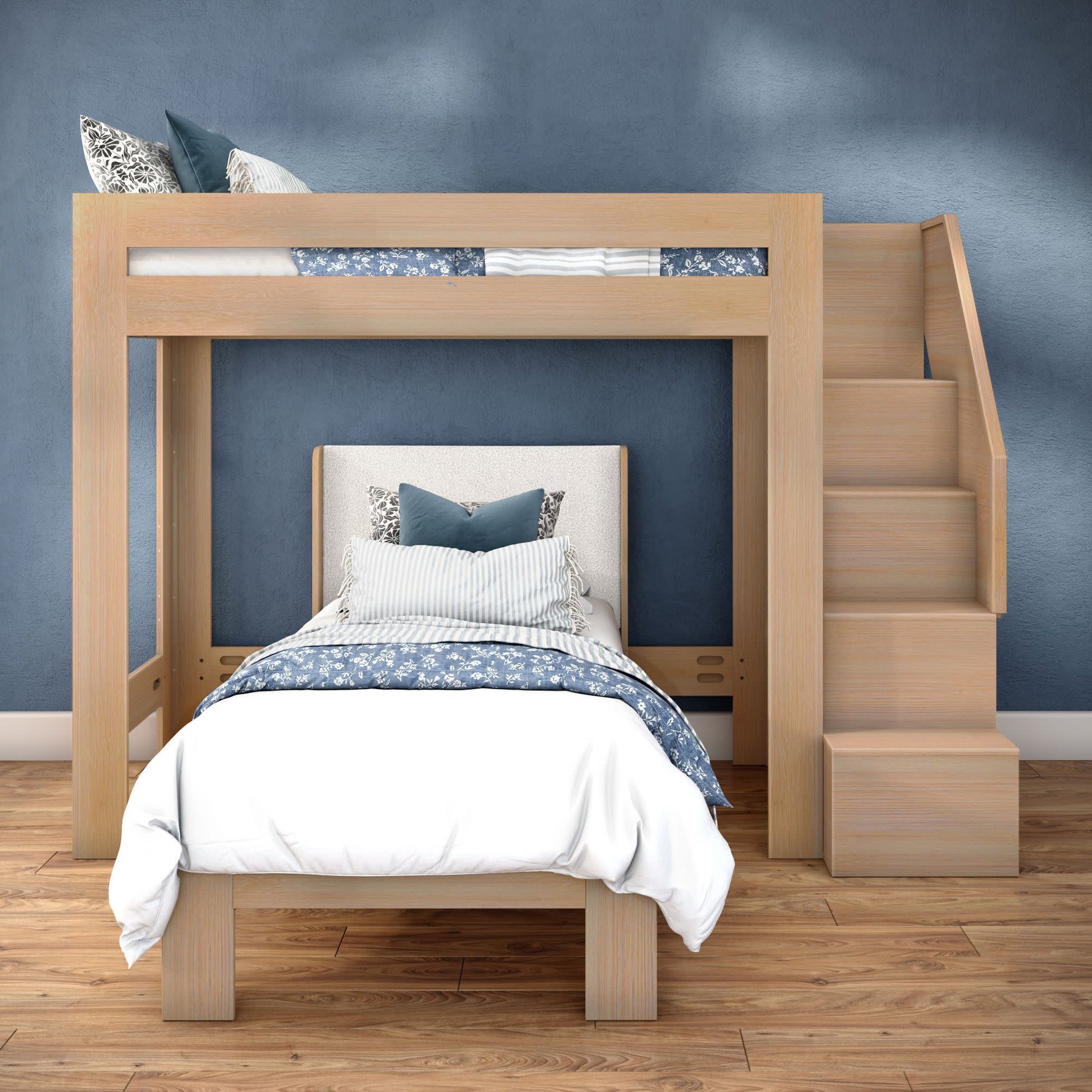 Olympic Twin XL Over Twin XL L-Shaped Bunk Bed with Stairs – Embossed Natural 25 Olympic Twin XL Over Twin XL L-Shaped Bunk Bed with Stairs in Embossed Natural