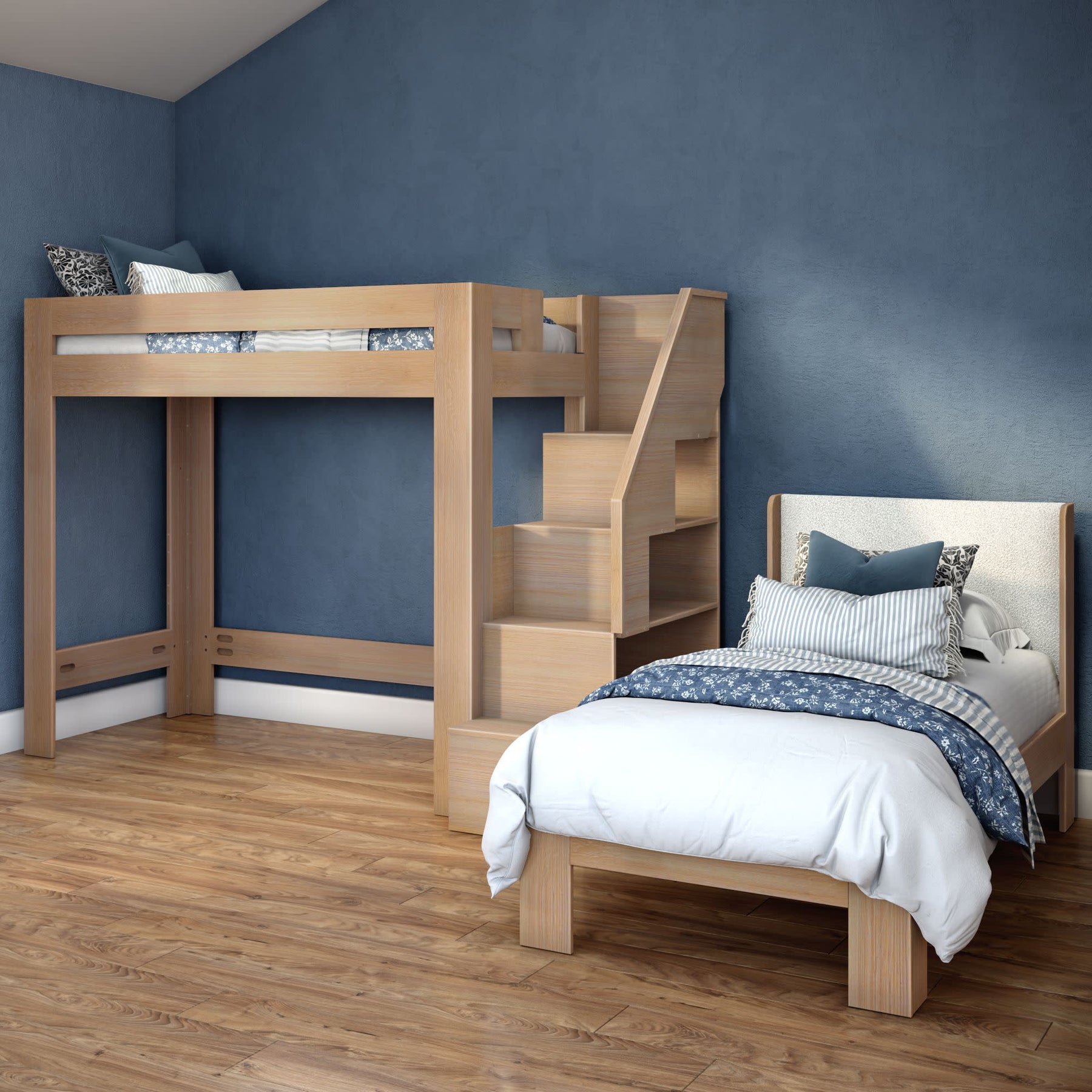 Olympic Twin XL Over Twin XL L-Shaped Bunk Bed with Stairs – Embossed Natural 26 Olympic Twin XL Over Twin XL L-Shaped Bunk Bed with Stairs in Embossed Natural
