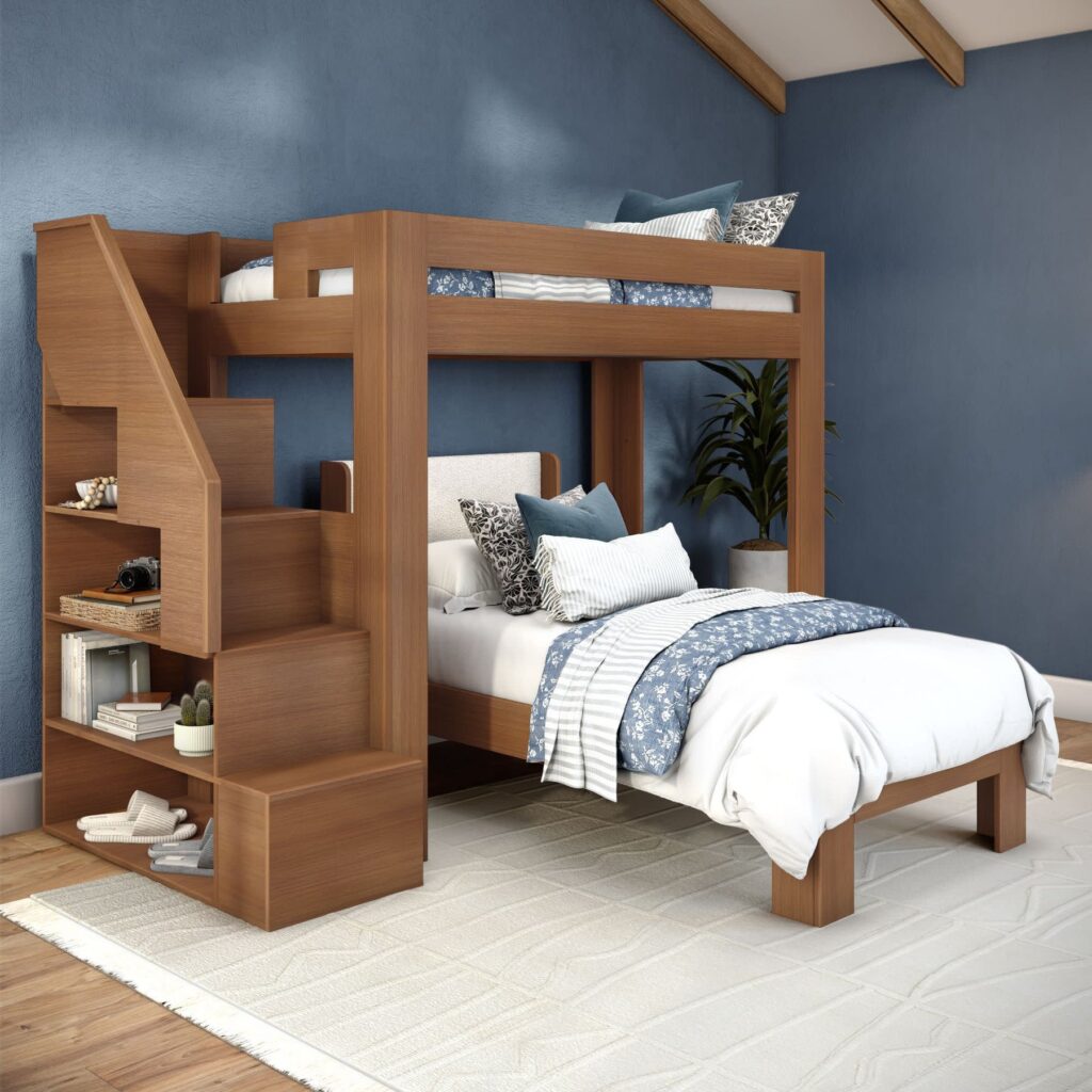 Olympic Twin XL Over Twin XL L-Shaped Bunk Bed with Stairs in Embossed Pecan