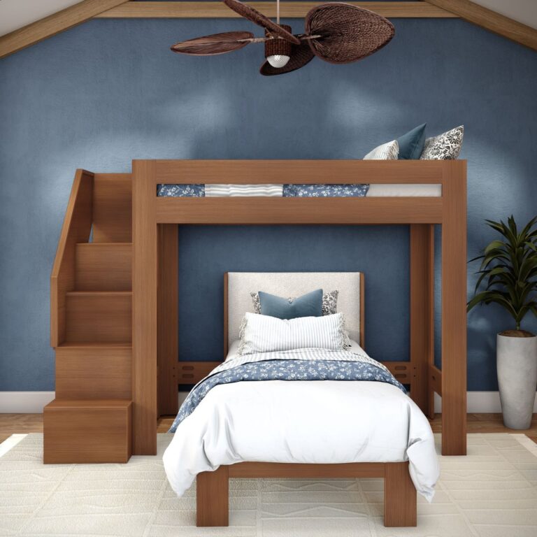 Olympic Twin XL Over Twin XL L-Shaped Bunk Bed with Stairs – Embossed Pecan 2 Olympic Twin XL Over Twin XL L-Shaped Bunk Bed with Stairs in Embossed Pecan