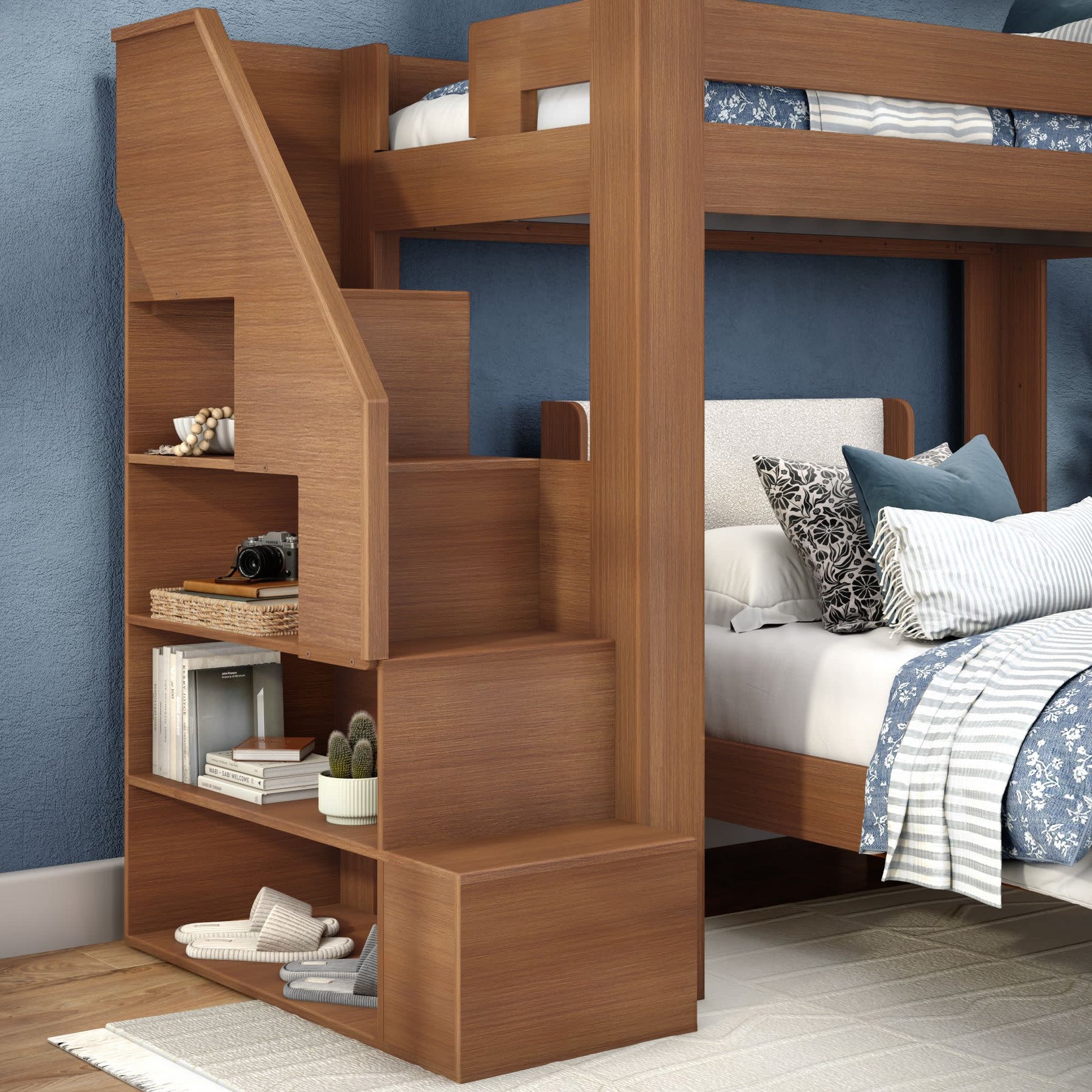 Olympic Twin XL Over Twin XL L-Shaped Bunk Bed with Stairs – Embossed Pecan 5 Olympic Twin XL Over Twin XL L-Shaped Bunk Bed with Stairs in Embossed Pecan