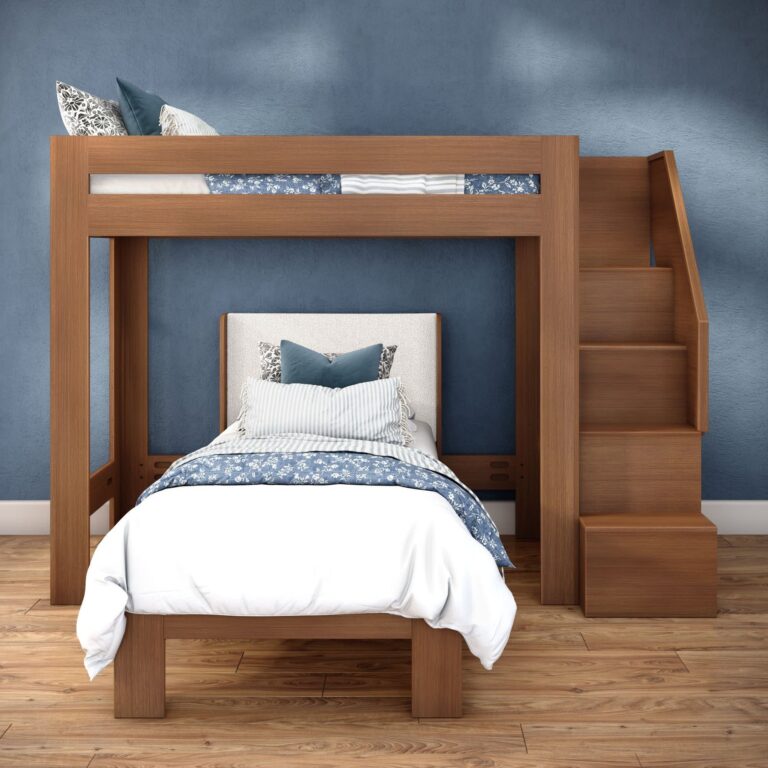 Olympic Twin XL Over Twin XL L-Shaped Bunk Bed with Stairs – Embossed Pecan 7 Olympic Twin XL Over Twin XL L-Shaped Bunk Bed with Stairs in Embossed Pecan