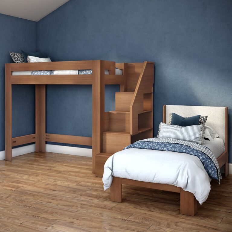 Olympic Twin XL Over Twin XL L-Shaped Bunk Bed with Stairs – Embossed Pecan 8 Olympic Twin XL Over Twin XL L-Shaped Bunk Bed with Stairs in Embossed Pecan