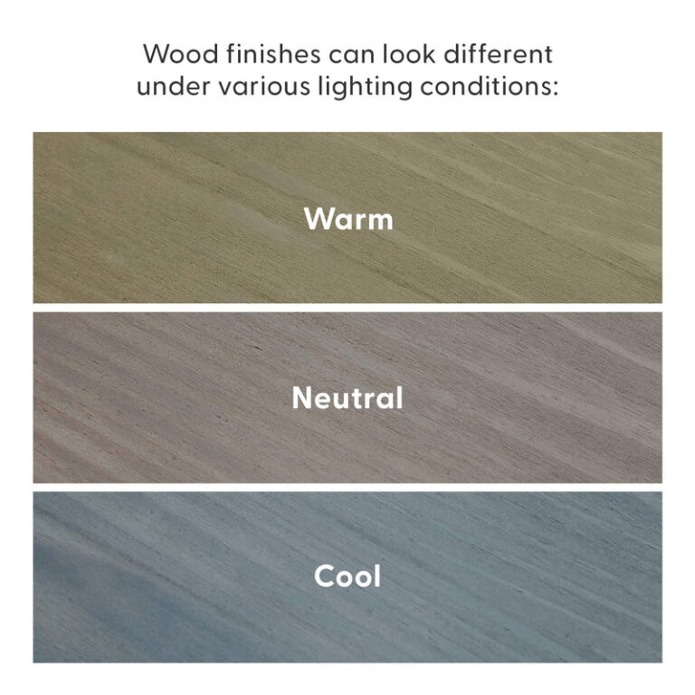 Queen Size Platform Bed Driftwood Finish Lighting Diagram Queen Size Platform Bed in Driftwood - diagram showing how the wood finish appears under warm, neutral and cool lighting conditions.