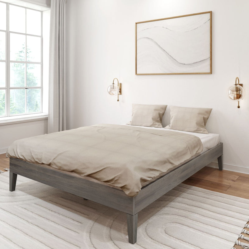 Queen Size Platform Bed Driftwood Room Scene Queen Size Platform Bed in Driftwood - room scene showing the made-up bed at an angle with a window, curtains and framed wall art.