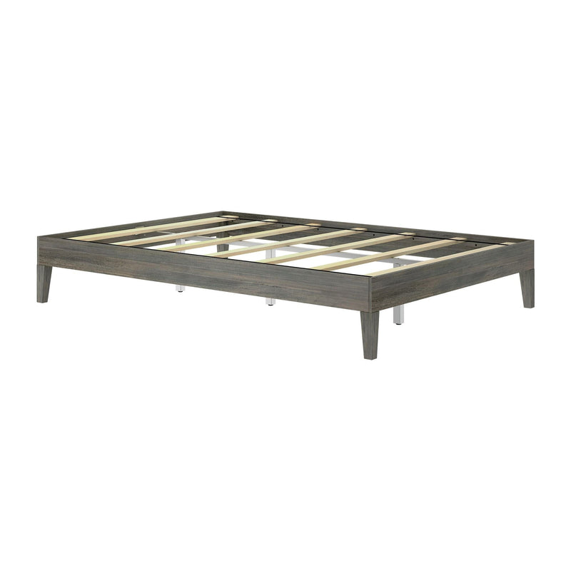 Queen Size Platform Bed Driftwood Slat Detail 3 Queen Size Platform Bed in Driftwood - angled view of the bare bed frame showing the wooden support slats and tapered legs.
