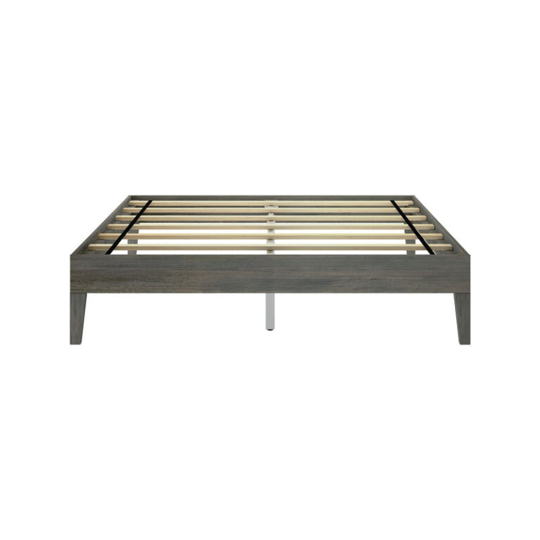 Queen Size Platform Bed Driftwood Slat Detail 6 Queen Size Platform Bed in Driftwood - front view of the bare bed frame showing the wooden support slats and low platform height.