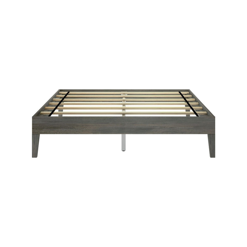 Queen Size Platform Bed Driftwood Slat Detail 6 Queen Size Platform Bed in Driftwood - front view of the bare bed frame showing the wooden support slats and low platform height.
