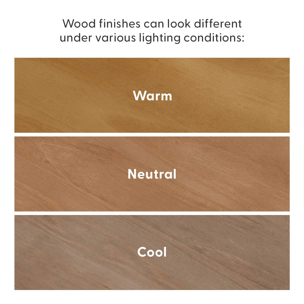 Queen Size Platform Bed Pecan Finish Comparison Queen Size Platform Bed in Pecan - wood finish shown under warm, neutral, and cool lighting conditions