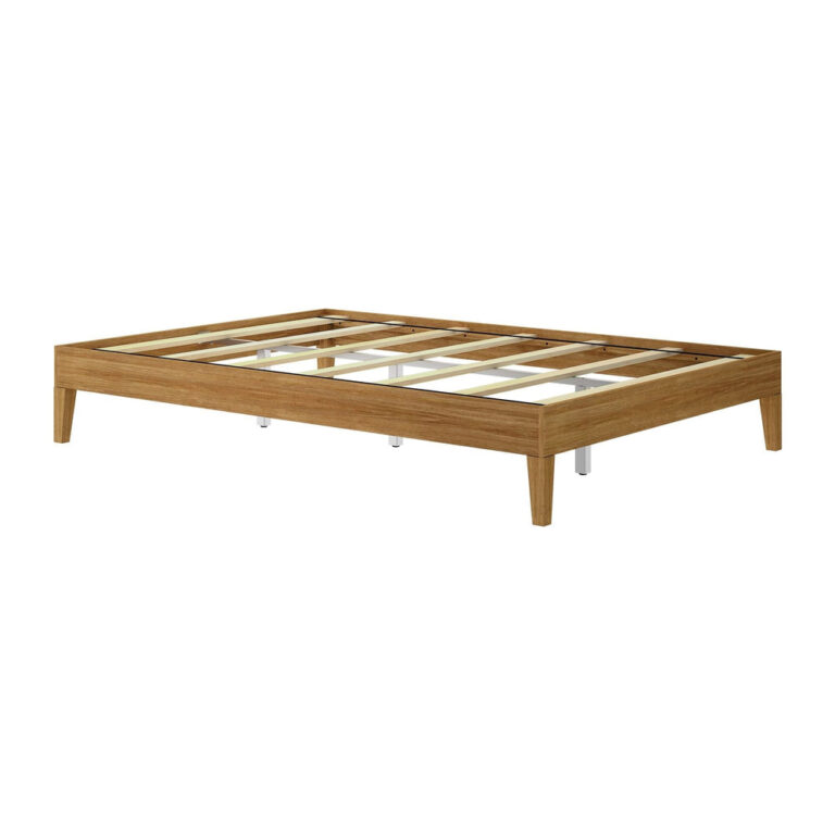 Queen Size Platform Bed Pecan Frame Angle View Queen Size Platform Bed in Pecan - bare frame shown at an angle revealing the wooden support slats and tapered legs