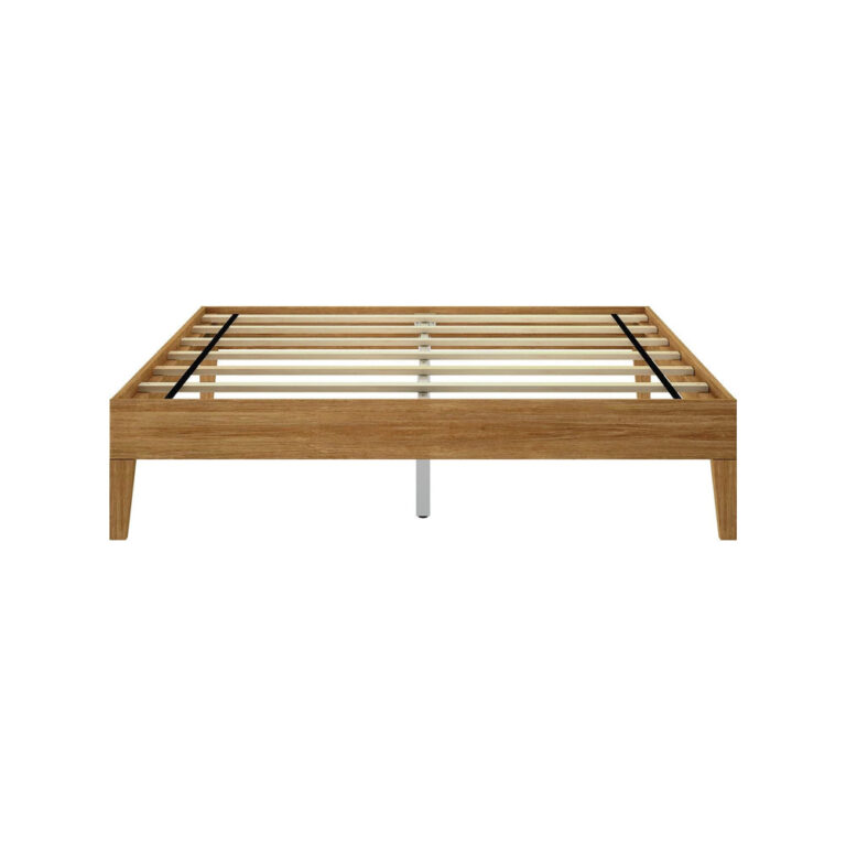 Queen Size Platform Bed Pecan Frame Detail Queen Size Platform Bed in Pecan - close-up of the low frame and tapered leg with a duvet draped over the mattress