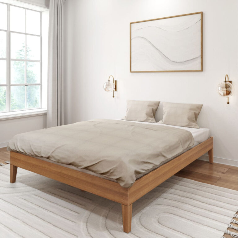 Queen Size Platform Bed Pecan Frame Front View Queen Size Platform Bed in Pecan - bare frame shown straight on revealing the wooden slats and center support leg